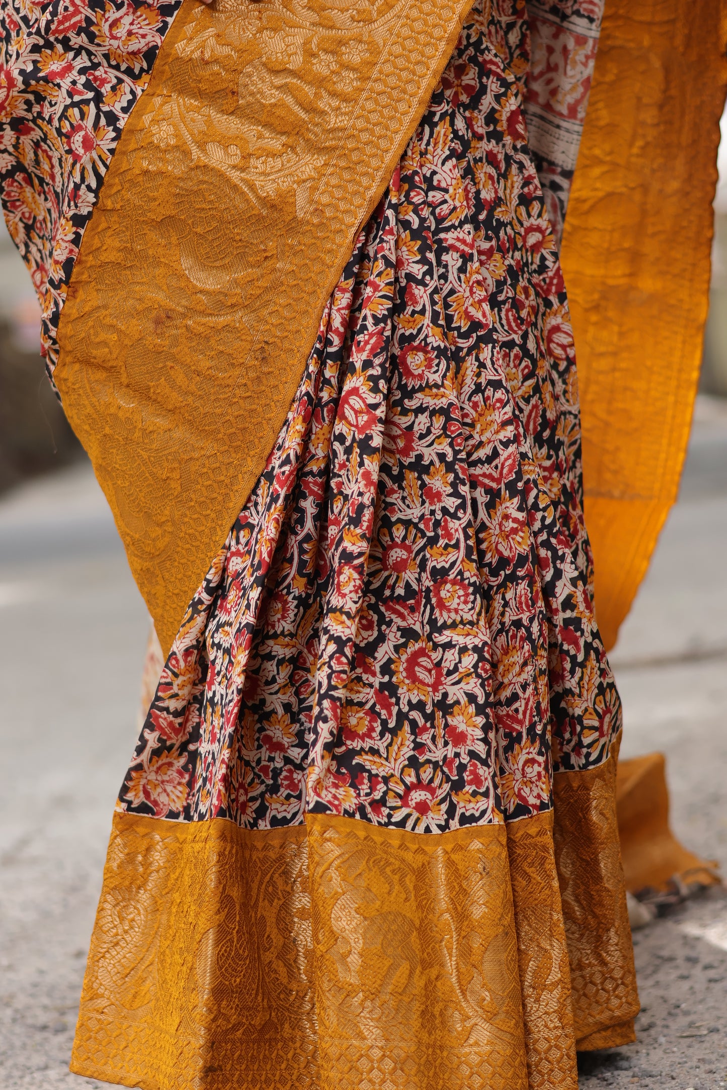 Black & Mustard Kuppadam Border Kalamkari Uppada Silk Saree