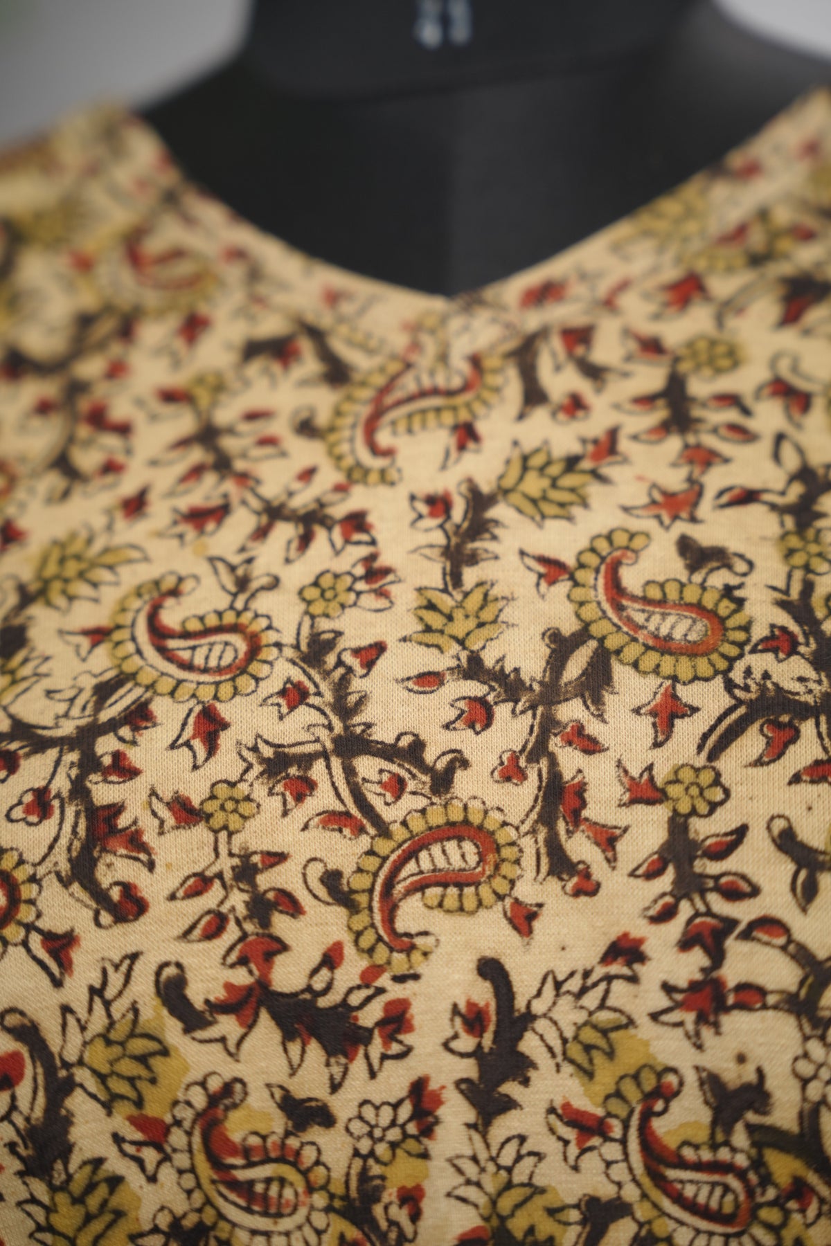 V Neck Stretchable Hand block printed kalamkari blouse (small hands) | Looms & Tassels