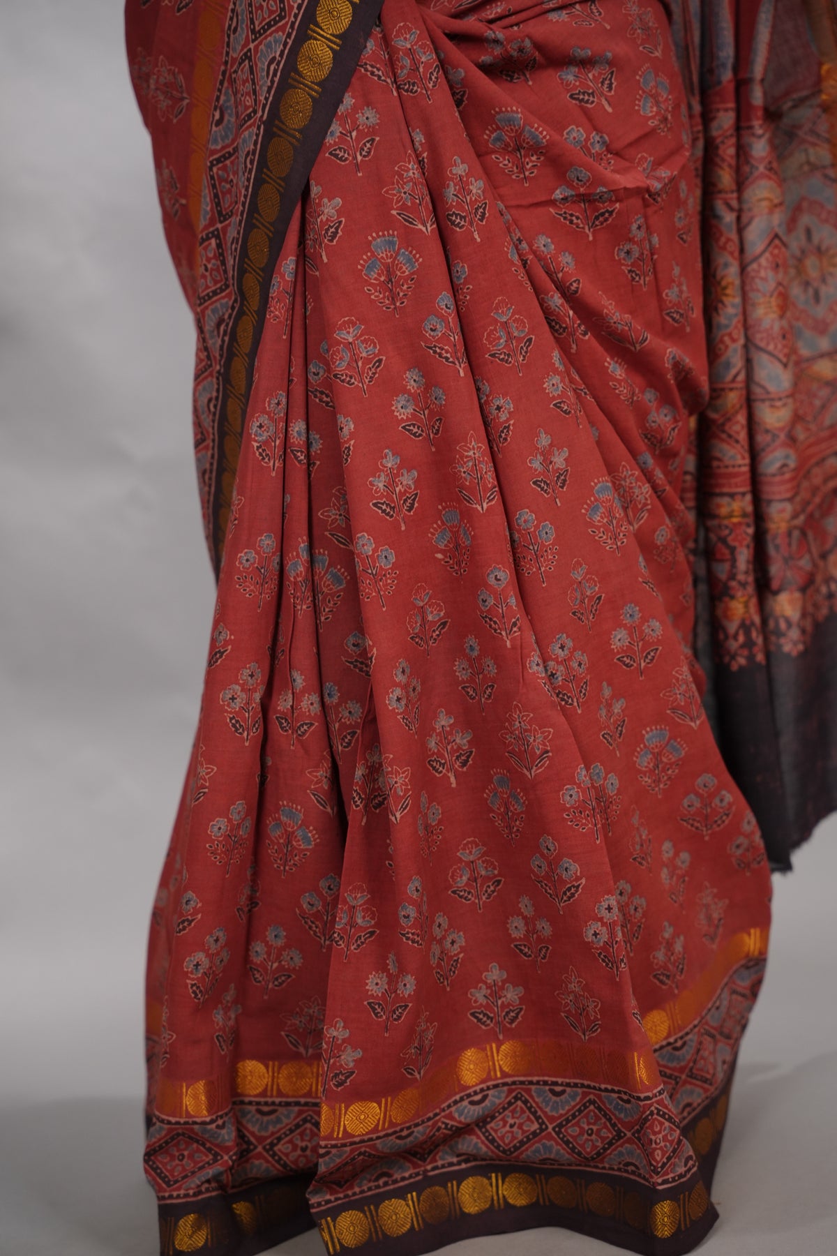 Maroon Ajrakh Hand Block Printed Sungudi Cotton Saree | Looms & Tassels