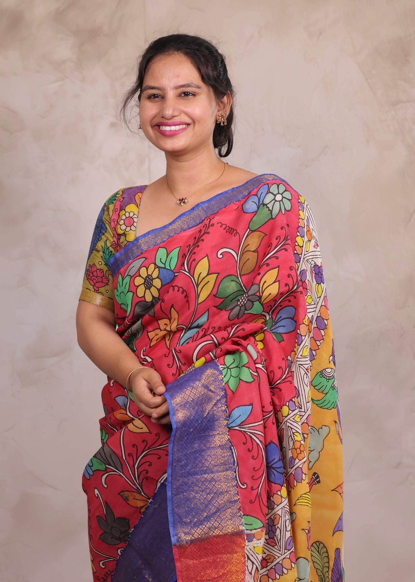 Hand Drawn Pen Kalamkari Pink And Blue Bangalore Silk Kanchi Border Saree | Looms & Tassels