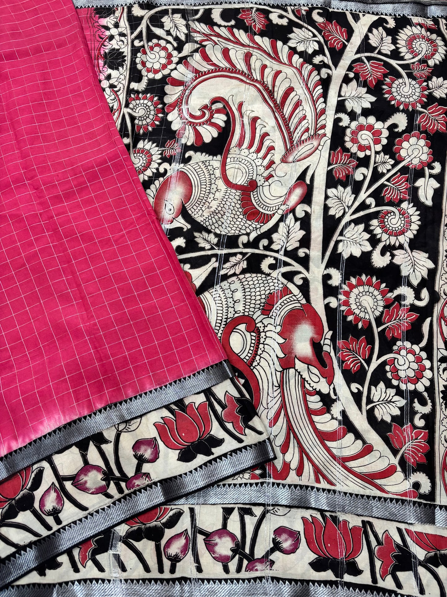 Pink Checks Kalamkari dyeing premium chennur silk saree