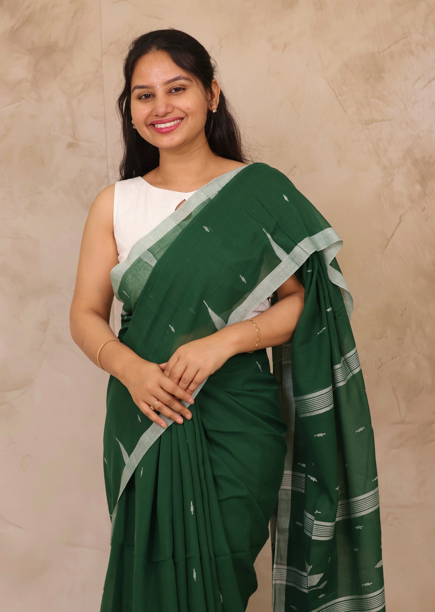 Bottle Green Malai Cotton Saree with Butta Weaving | Looms & Tassels