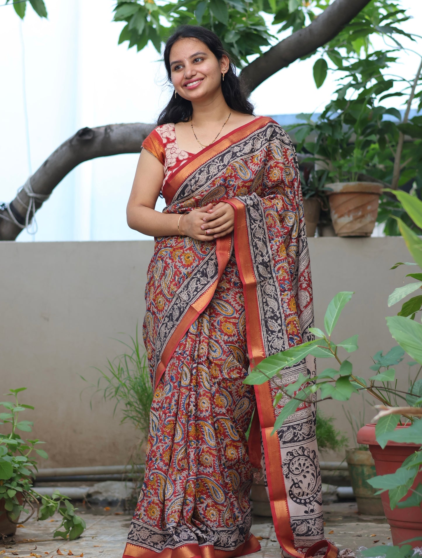 Hand Block Printed Kalamkari Nizam Border Silk Saree