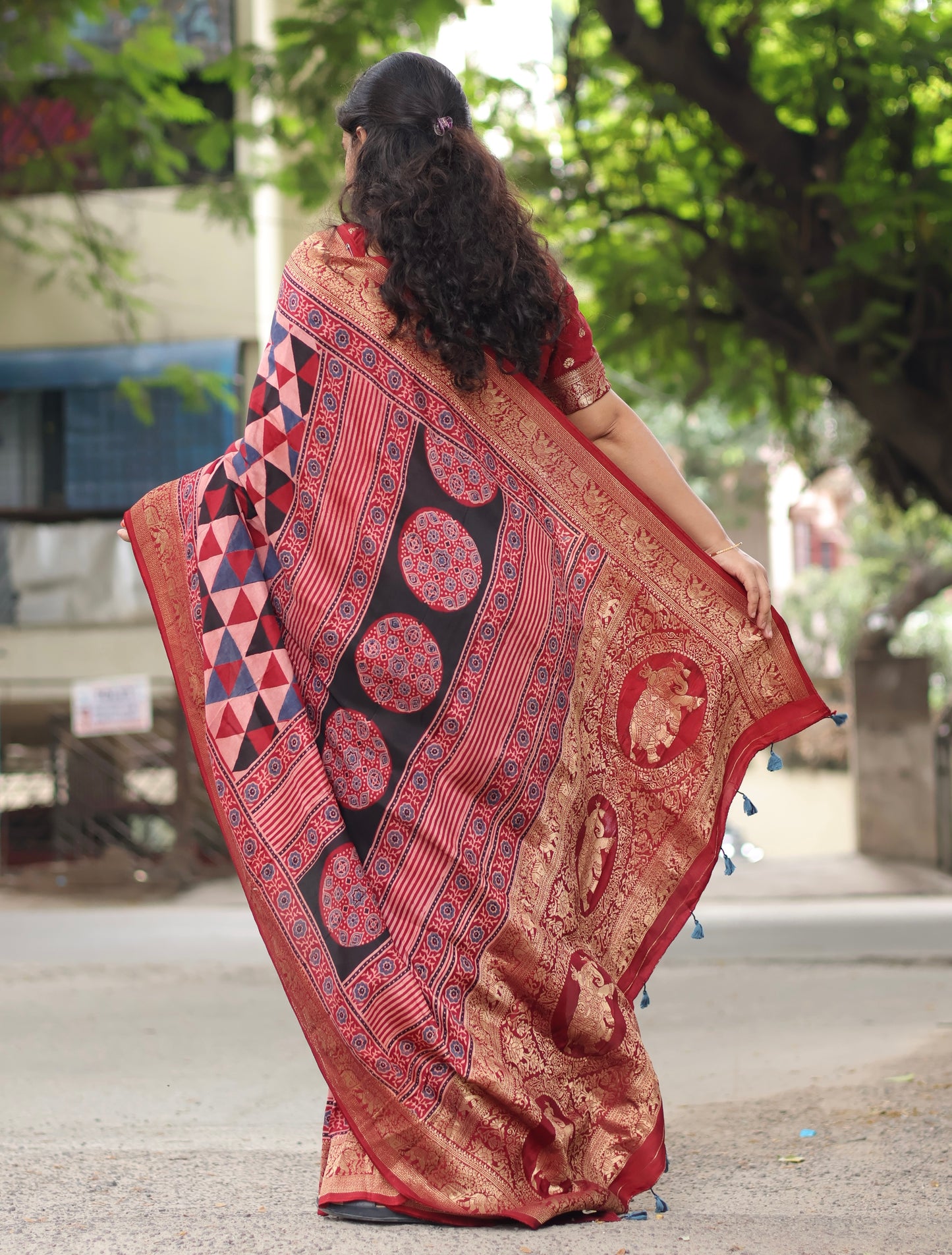 Red Contemporary Ajrakh Dola Silk Saree