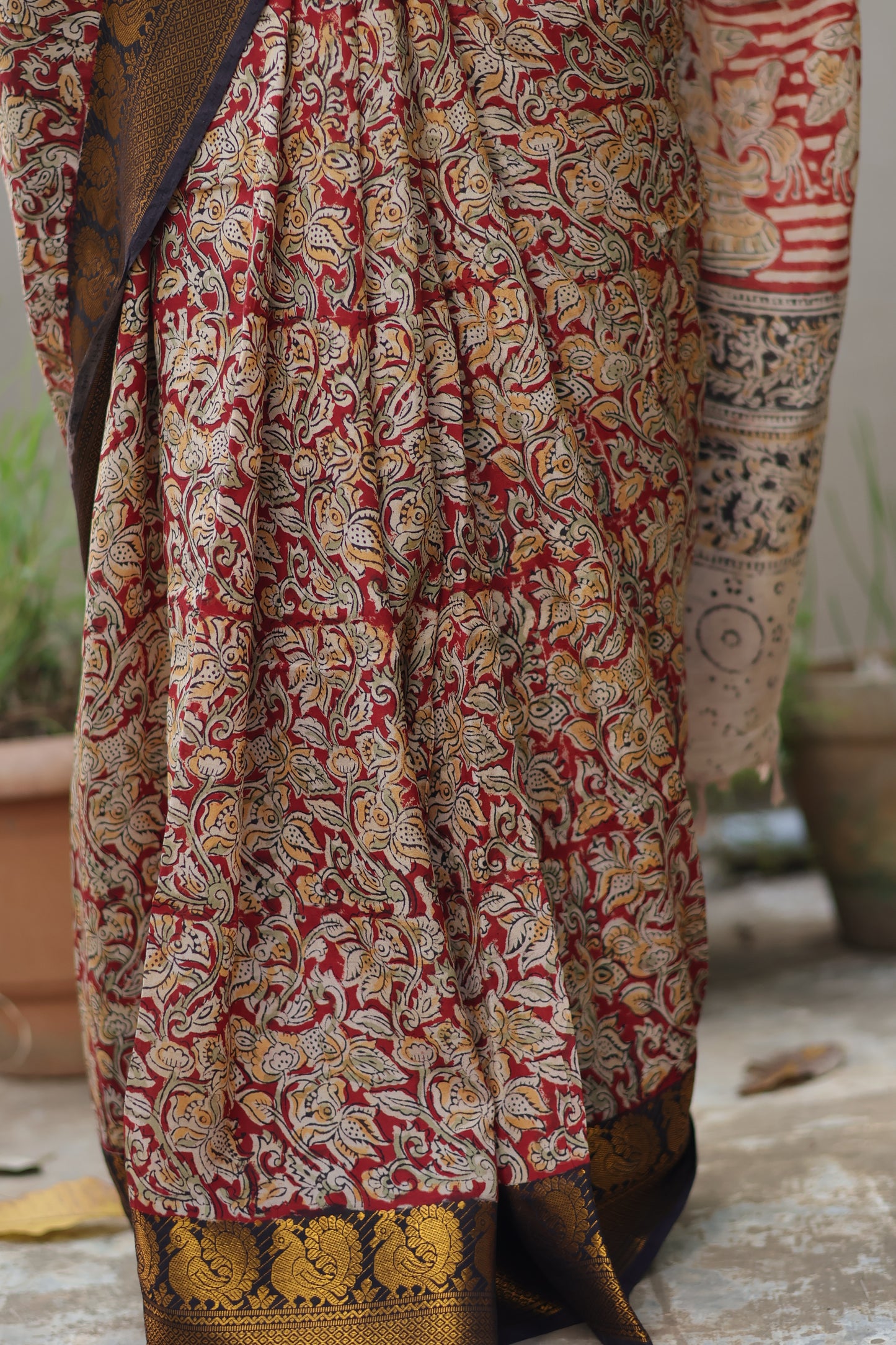 Red Hand Block Printed Kalamkari Kanchi Border Silk Sare