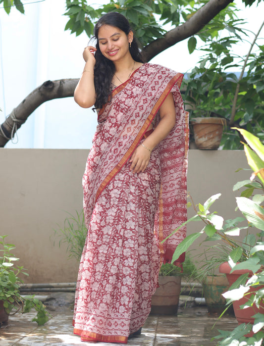Bagru Hand block printed Kota Doriya Saree
