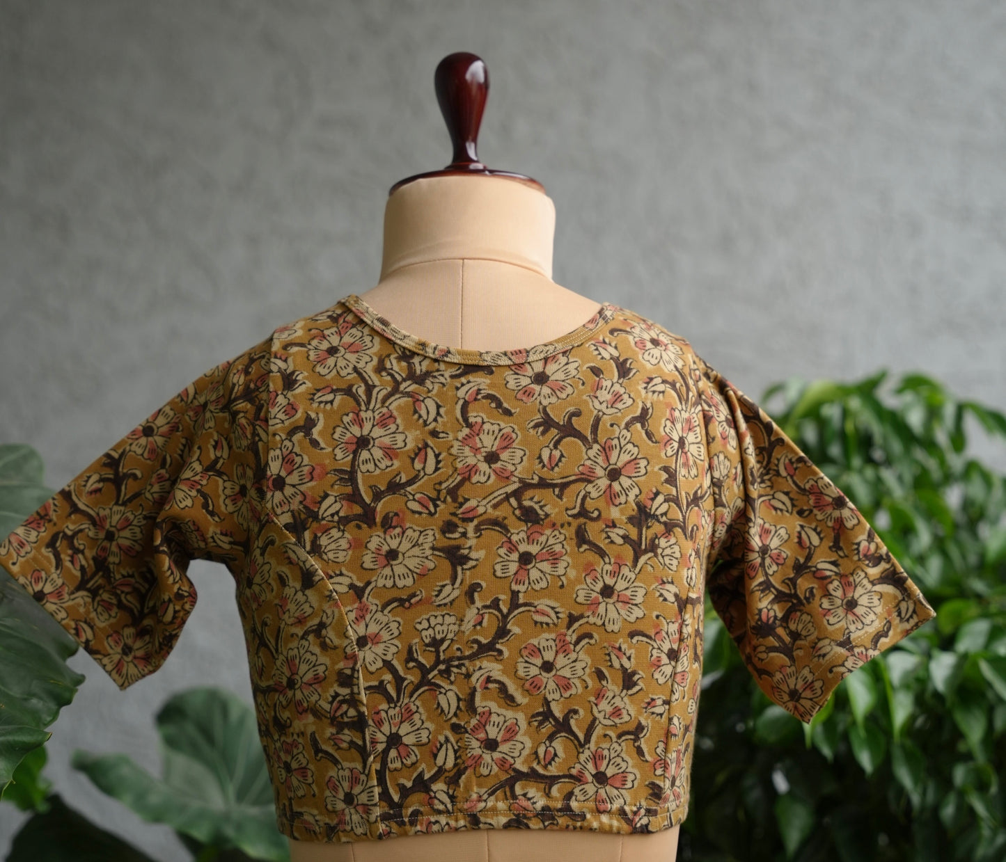Mustard Boat Neck Stretchable Hand block printed kalamkari blouse