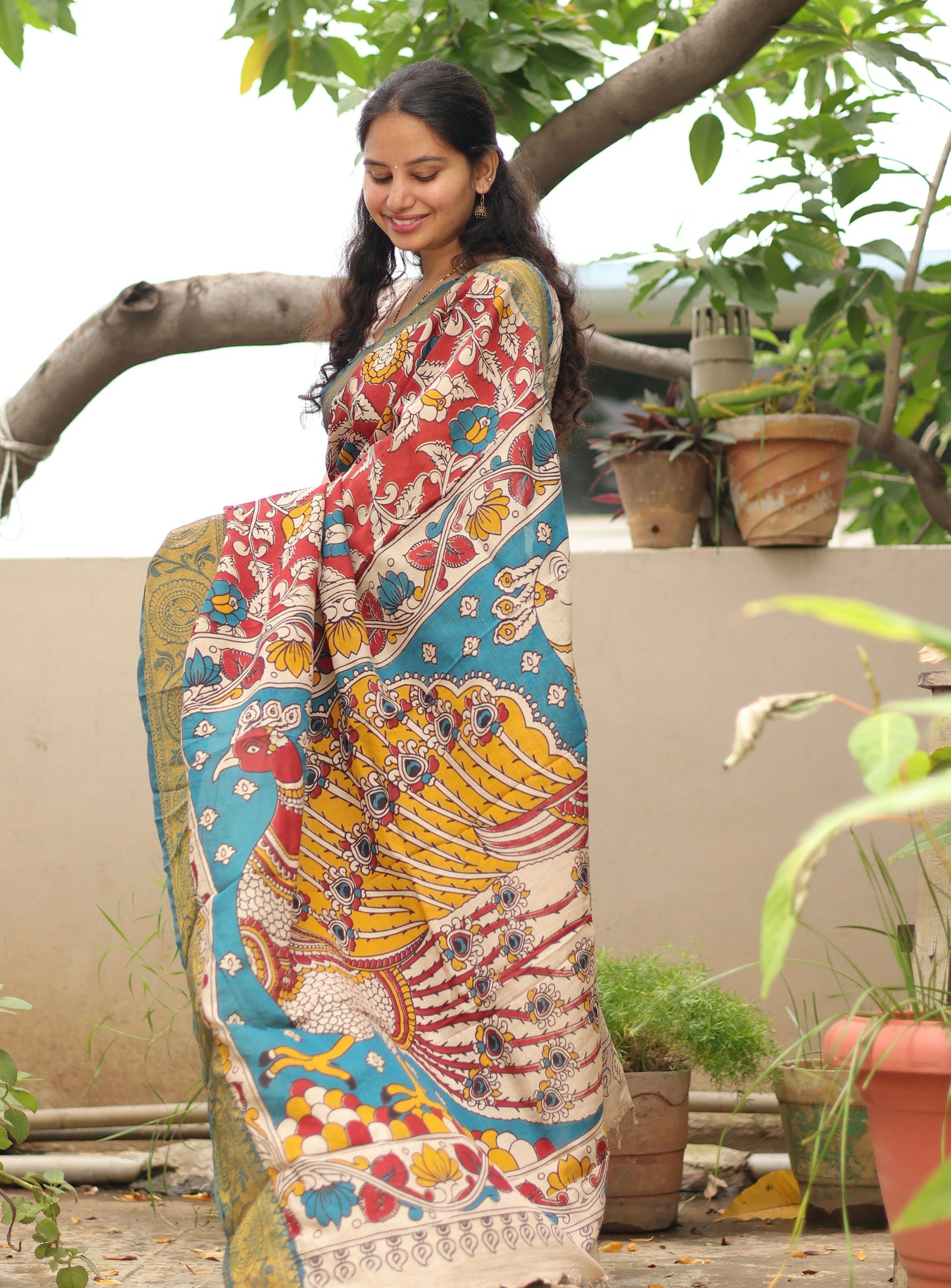 Red Kanchi border Kalamkari chennur silk saree