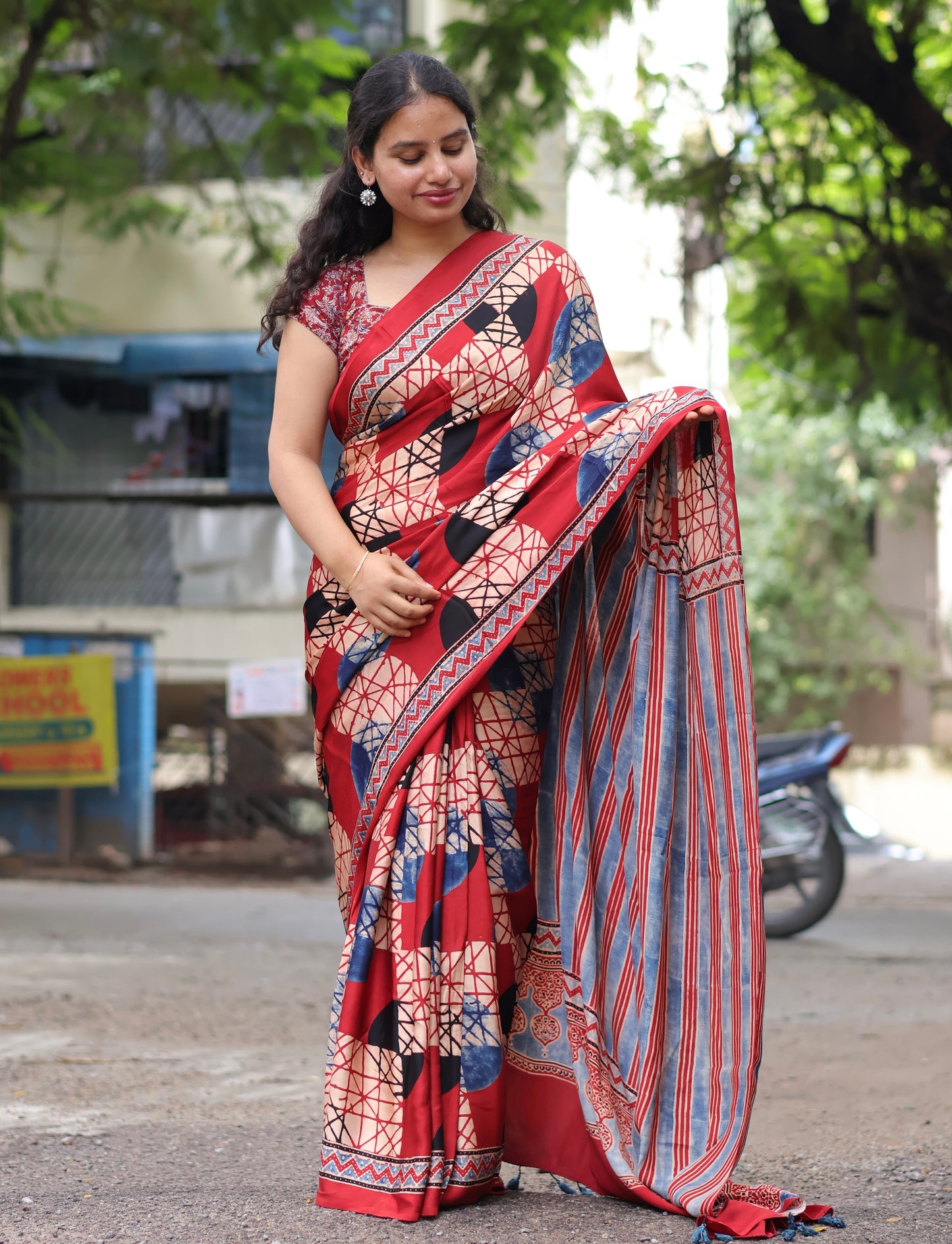Red Ajrakh Modal Silk Saree