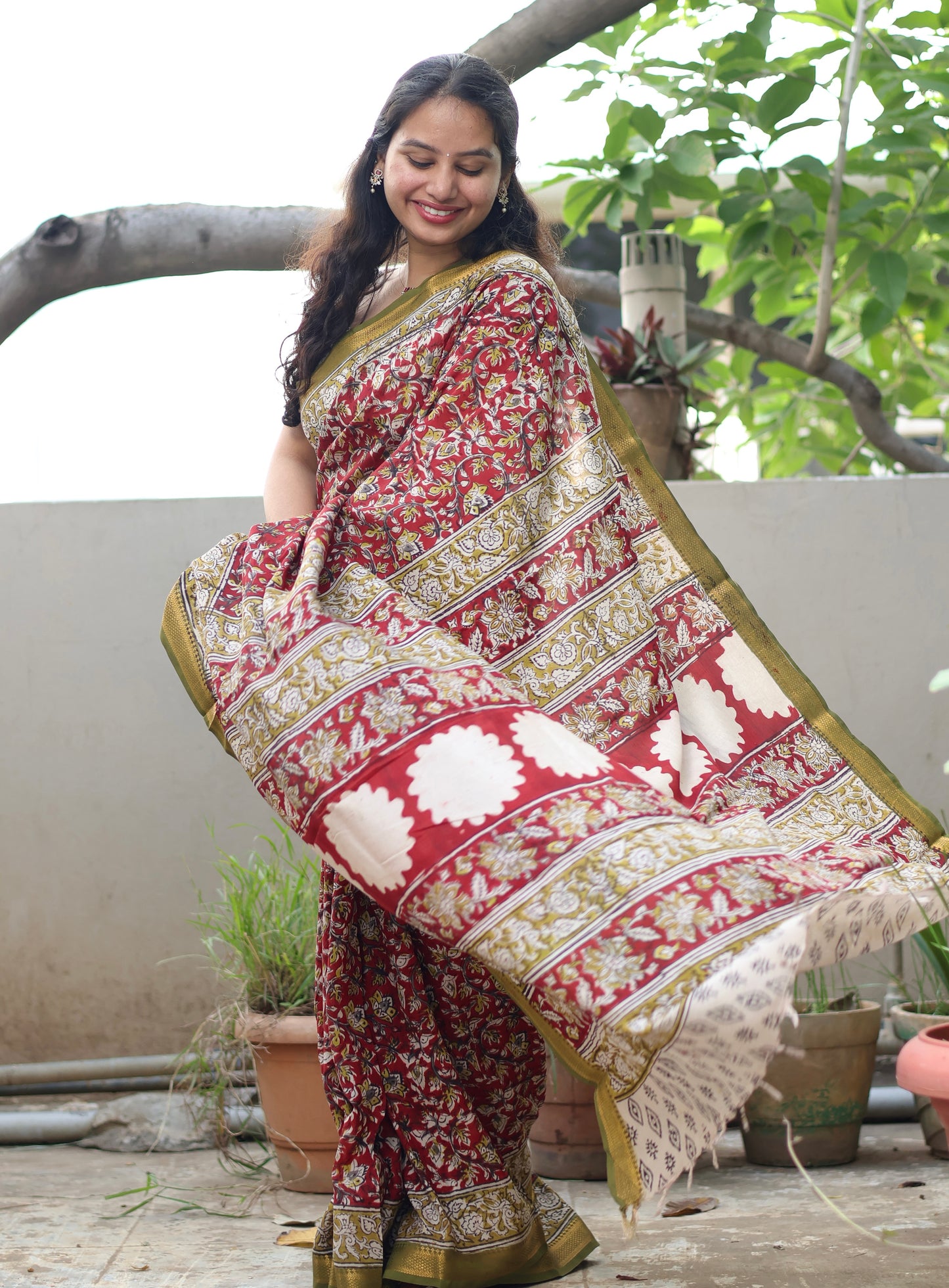 Red Hand Block Printed Kalamkari Nizam Border Silk Sare