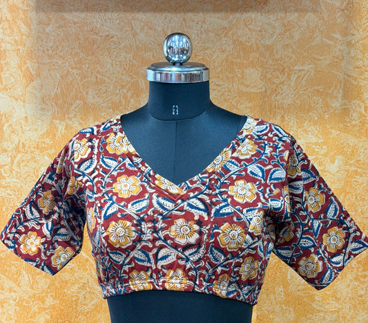 V neck Stretchable Hand block printed kalamkari blouse
