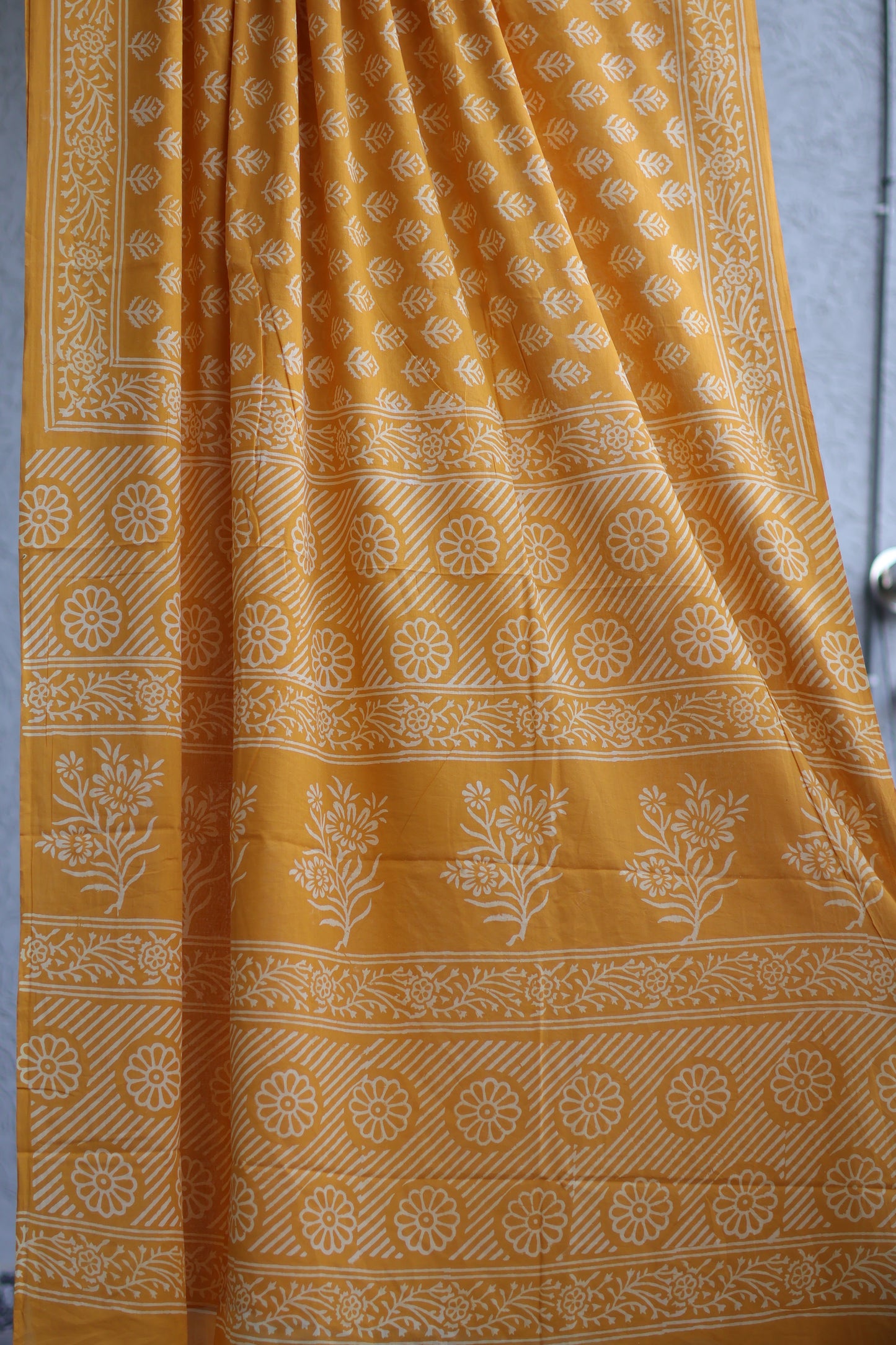 Yellow Handblock printed MulMul cotton saree