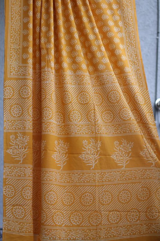 Yellow Handblock printed MulMul cotton saree