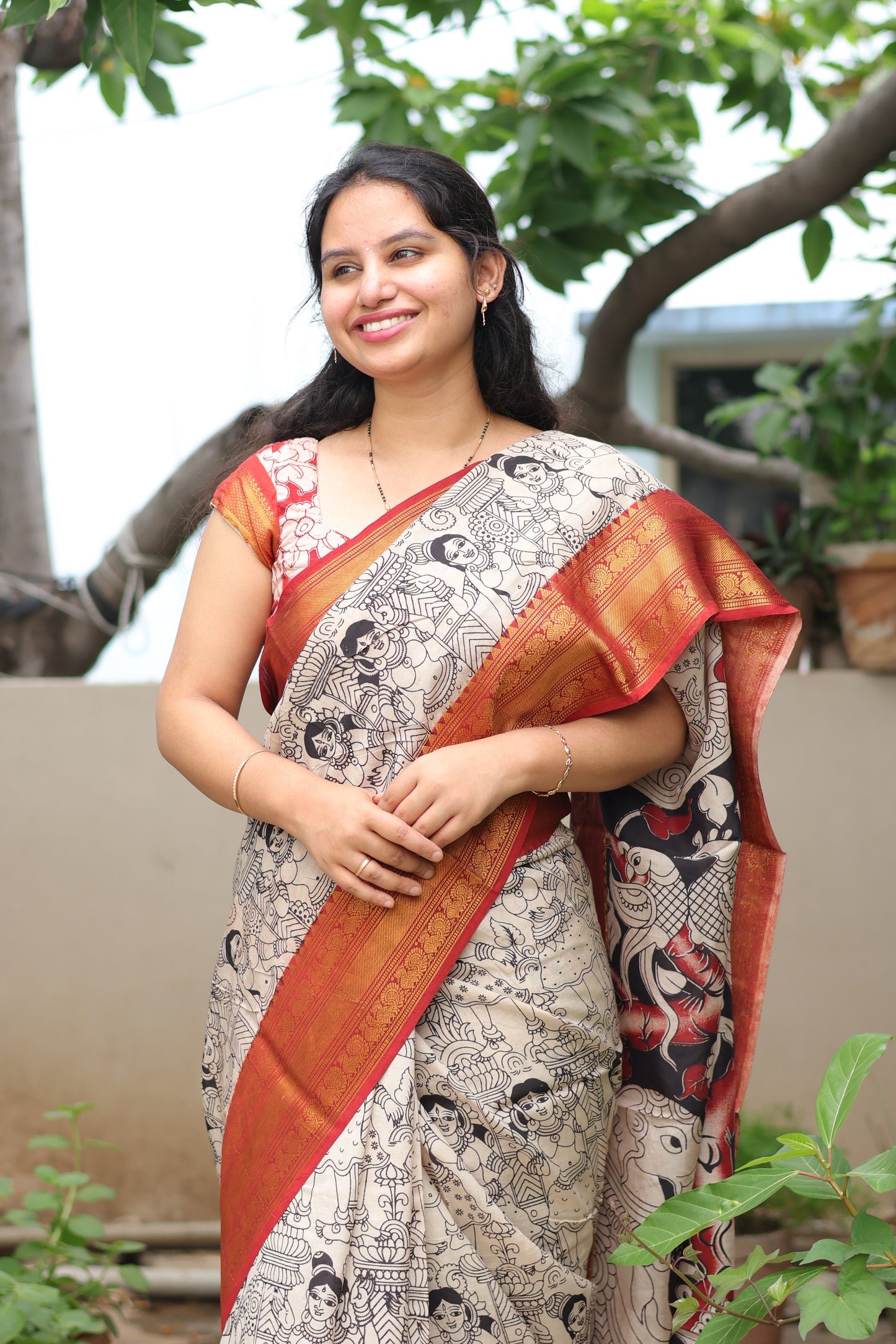 Cream Outline Kanchi border Kalamkari chennur silk saree