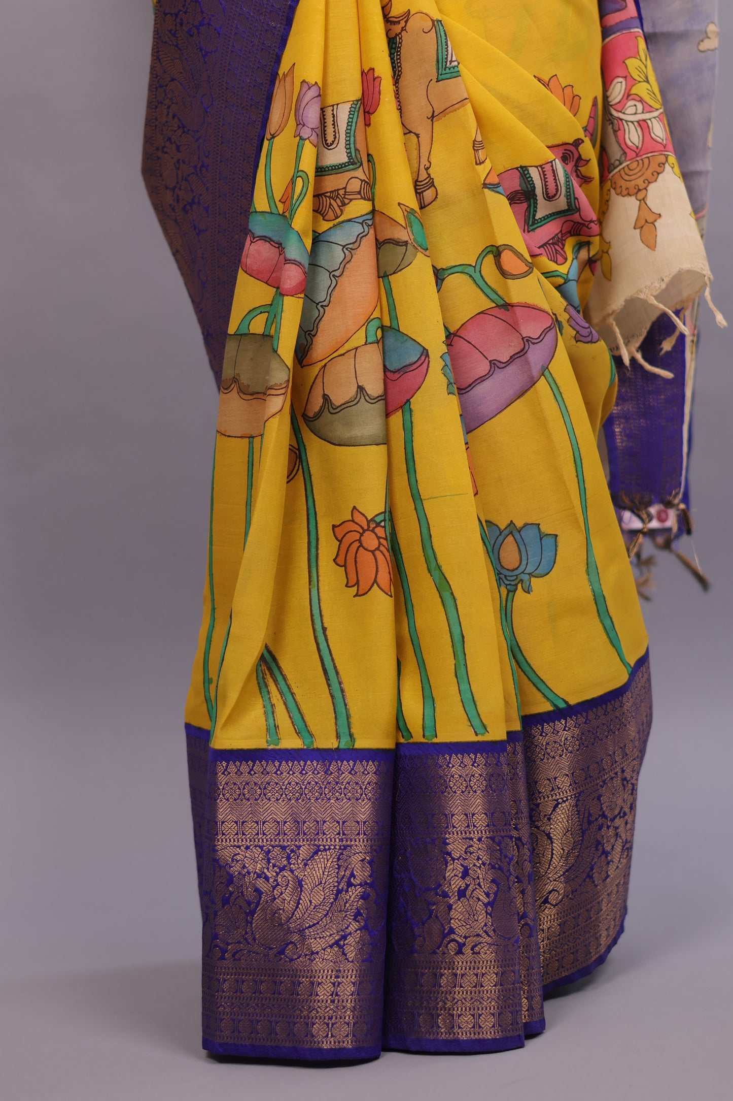 Yellow Hand Painted Pen Kalamkari Silk Saree