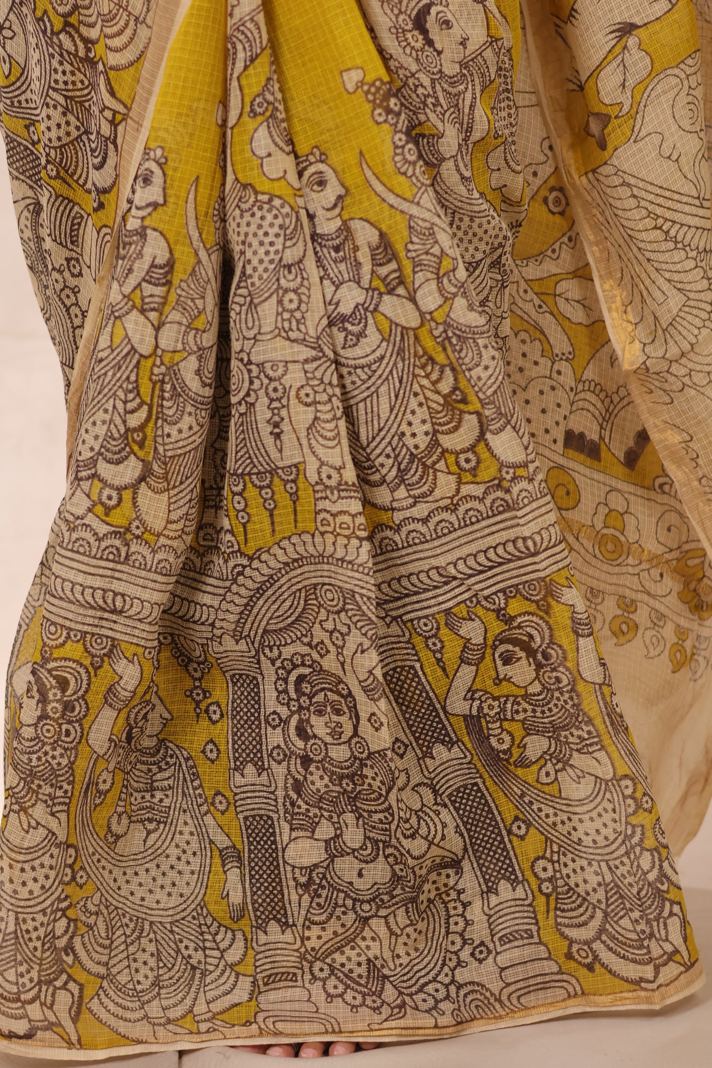 Yellow Kota Doria Saree with Kalamkari Handblock Prints | Looms & Tassels