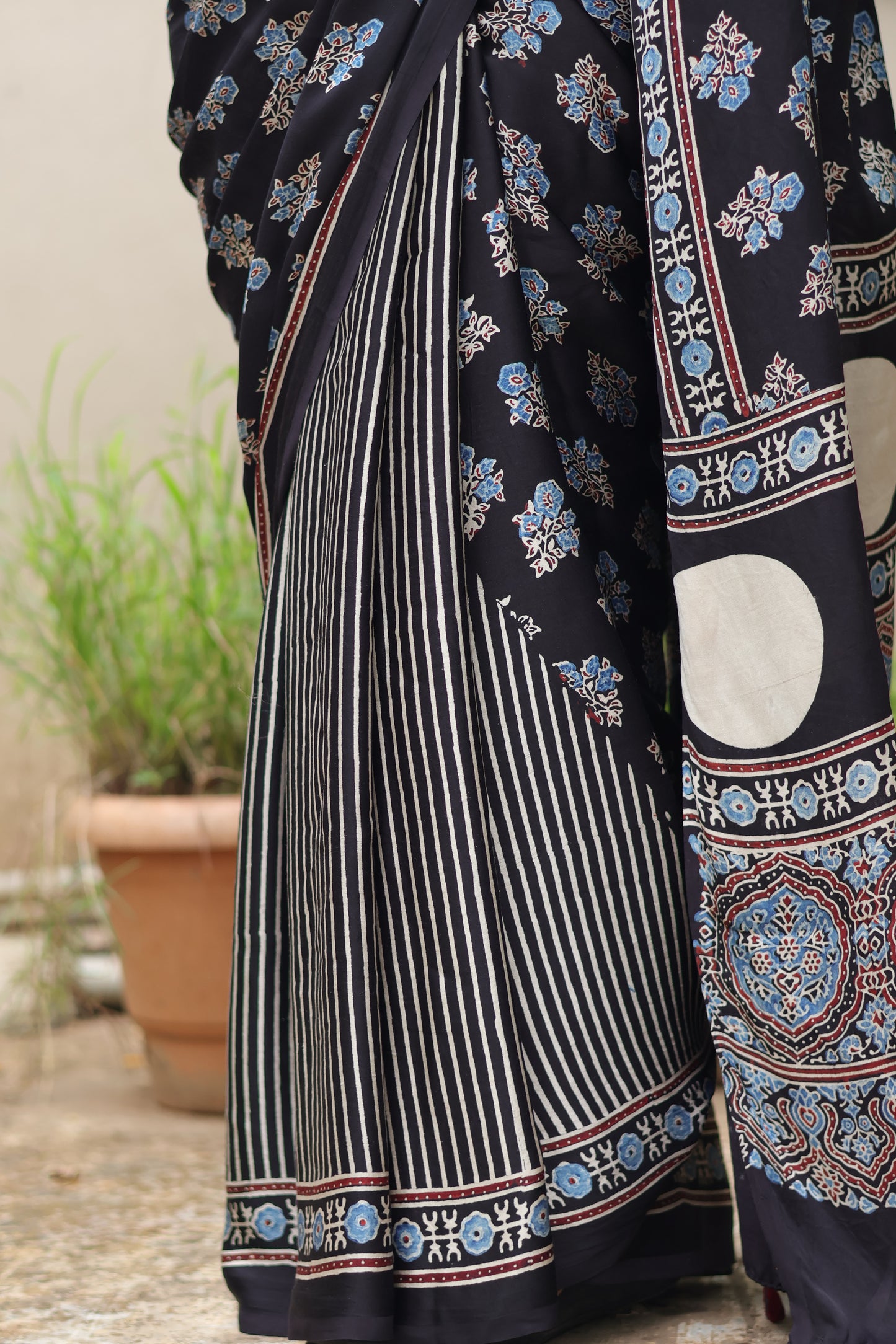 Black Ajrakh Modal Silk Saree