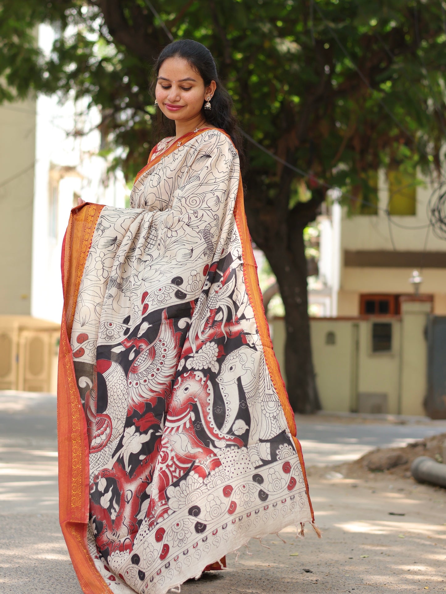 Kanchi Border Outline Kalamkari Silk Saree