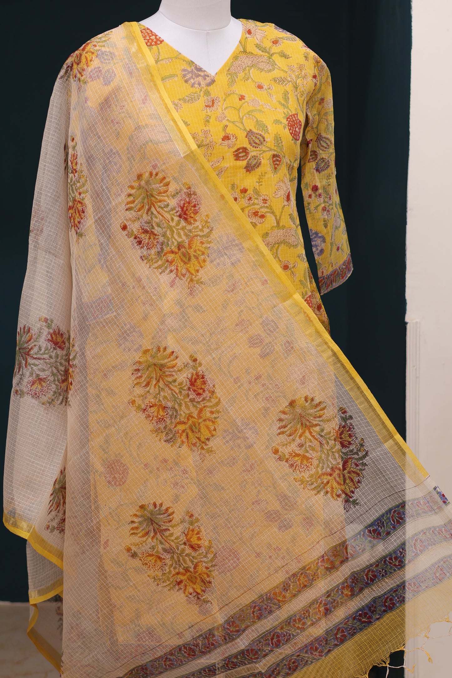 Yellow Handblock printed kota 3 piece suit (stitched)