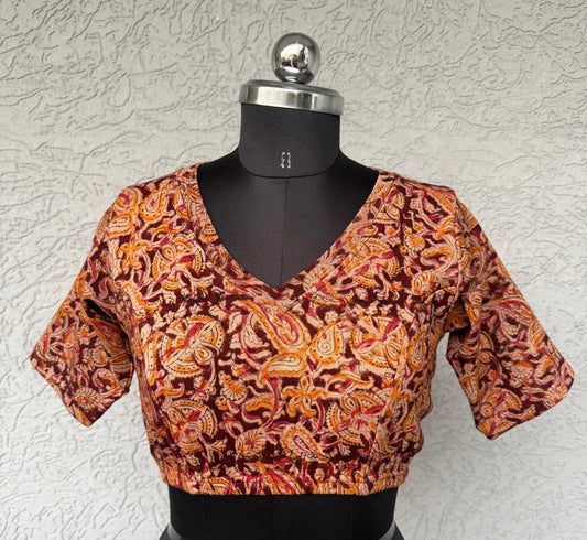V neck Stretchable Hand block printed kalamkari blouse