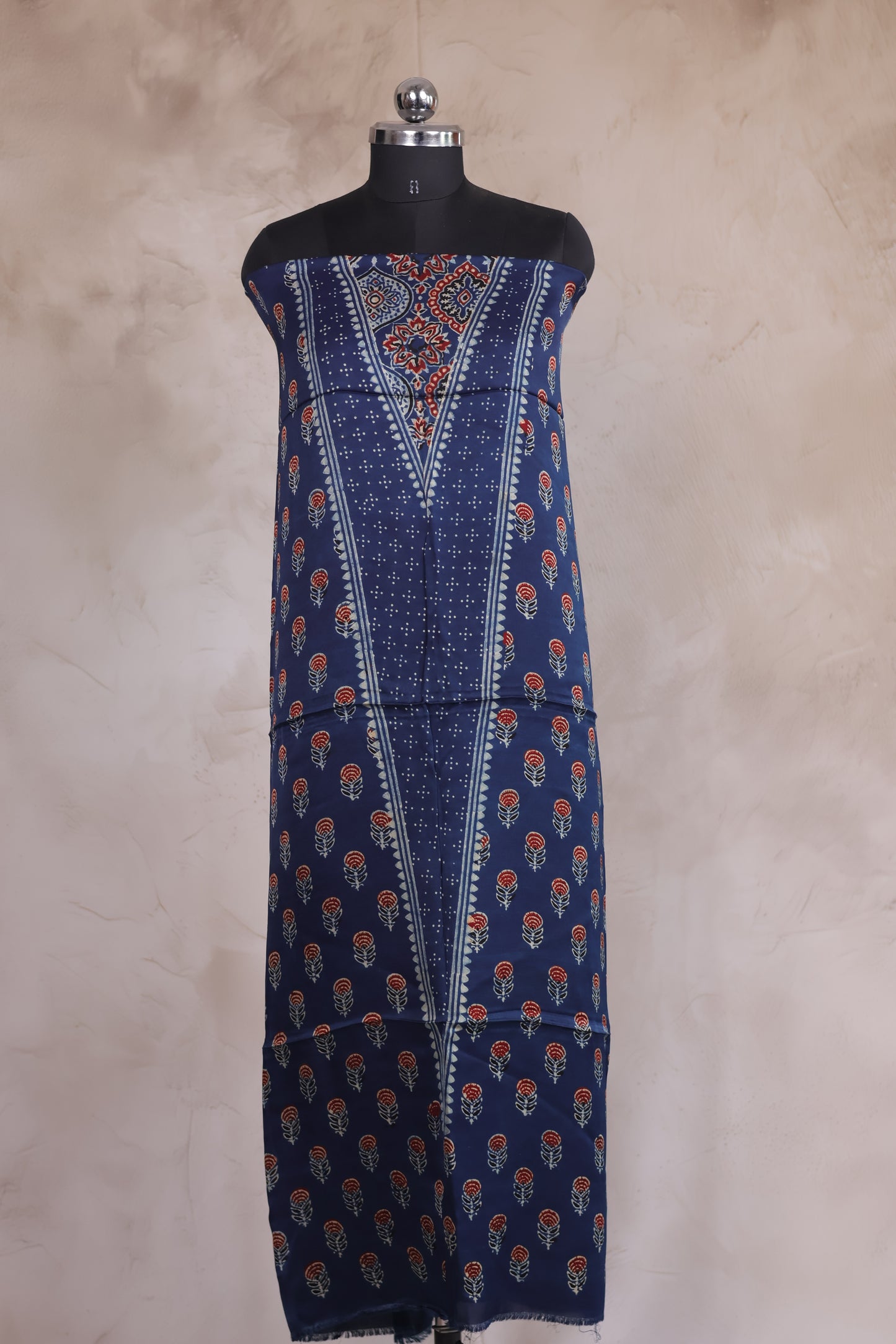 Indigo Floral Ajrakh Handblock Printed Modal Silk 2 Piece Suit Set | Looms & Tassels