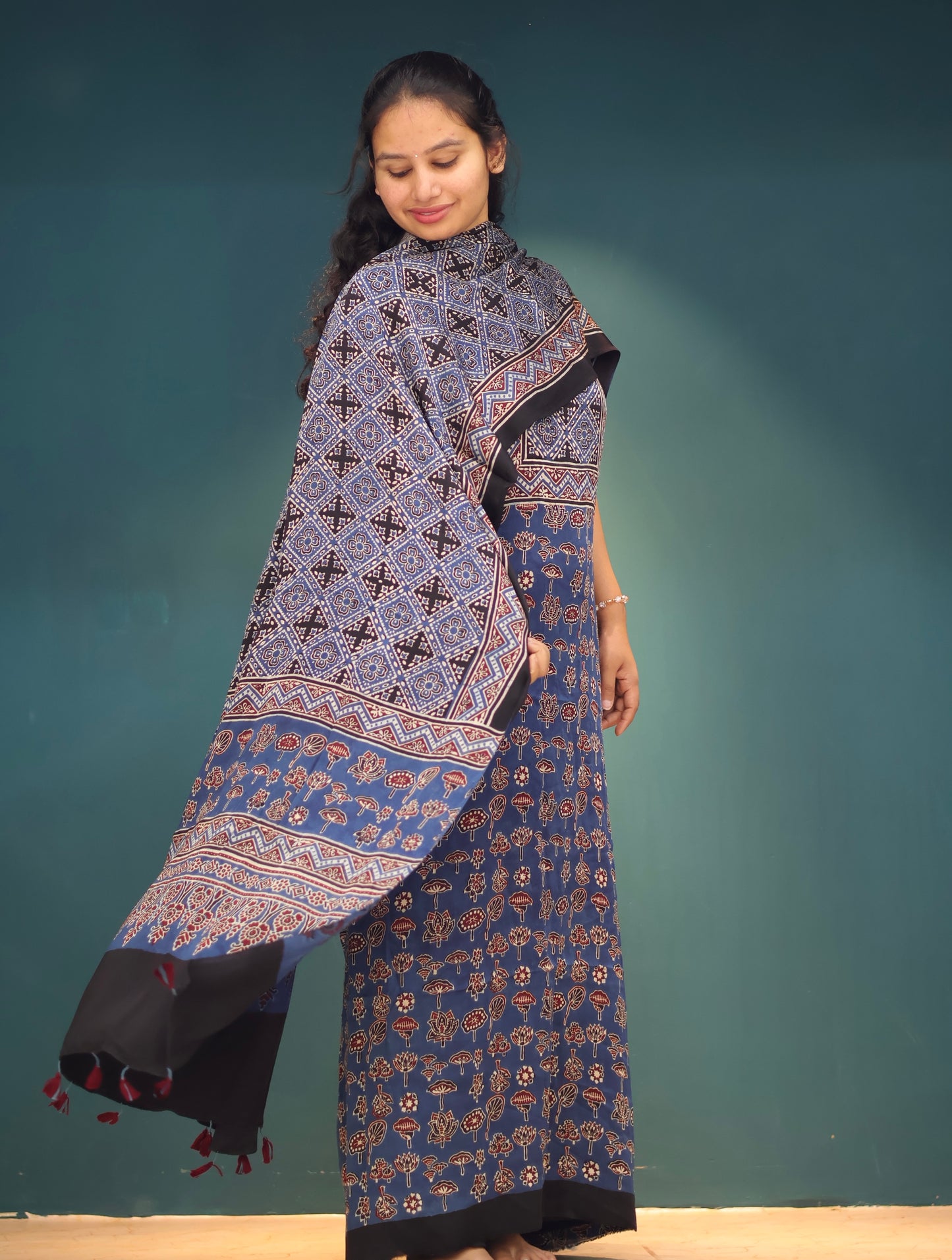 Indigo Handblock printed Ajrakh modal silk 2 piece suit set