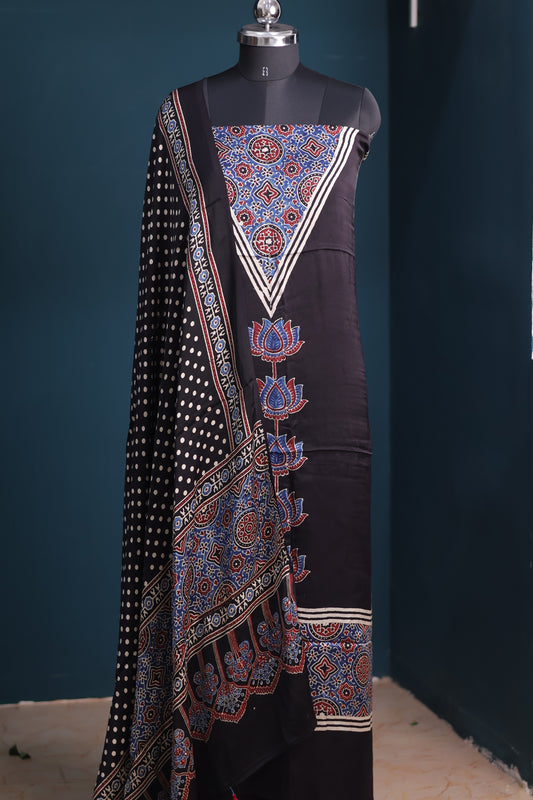 Black Handblock printed Ajrakh modal silk 2 piece suit set