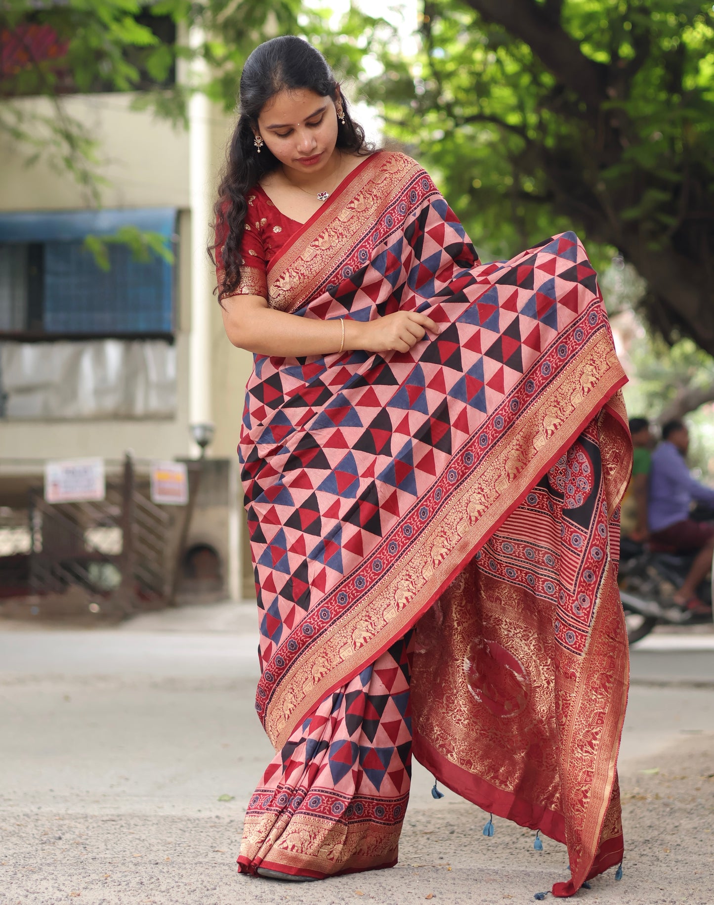 Red Contemporary Ajrakh Dola Silk Saree