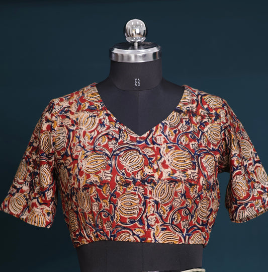 V neck Stretchable Hand block printed kalamkari blouse