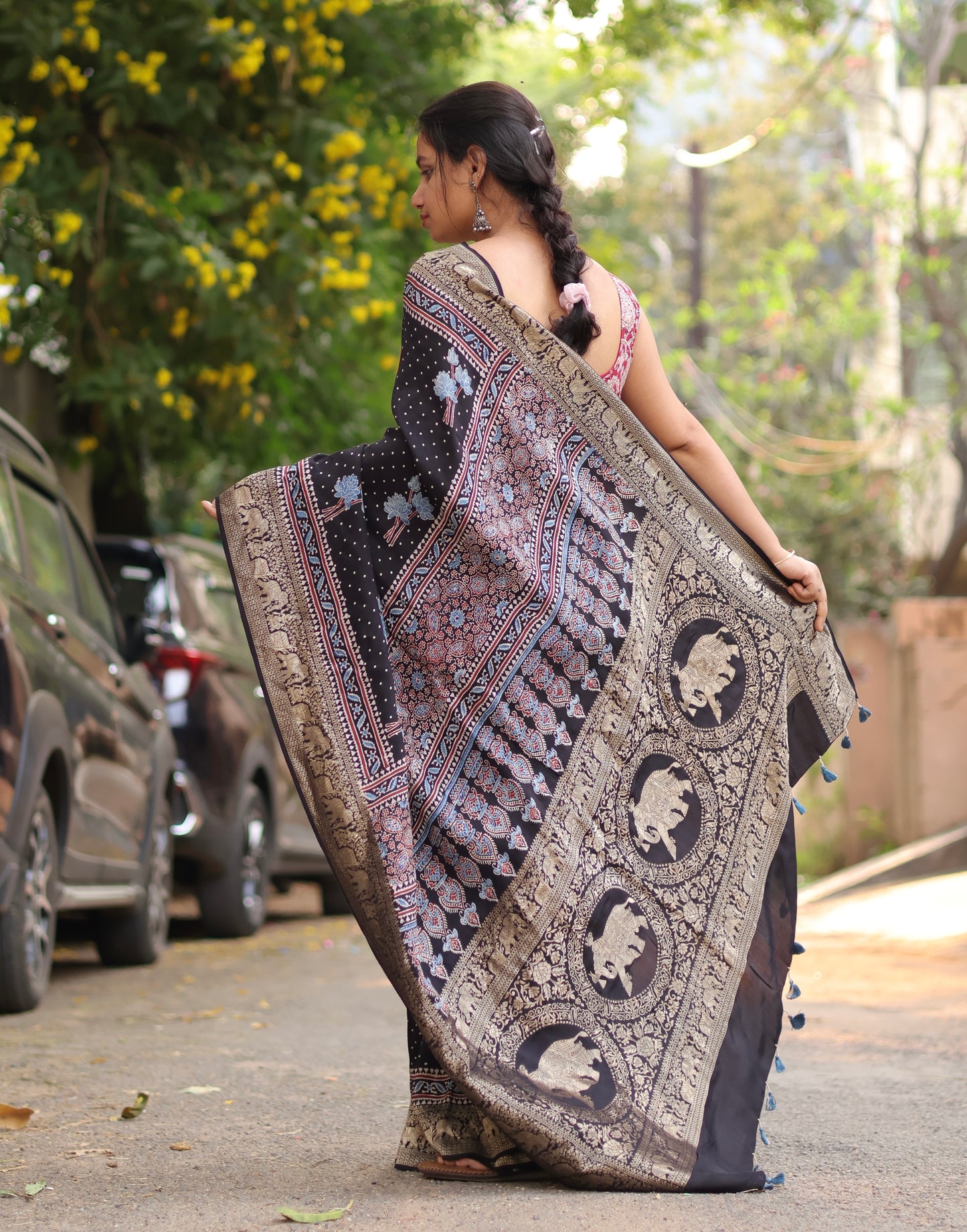 Black Ajrakh Dola Silk Saree
