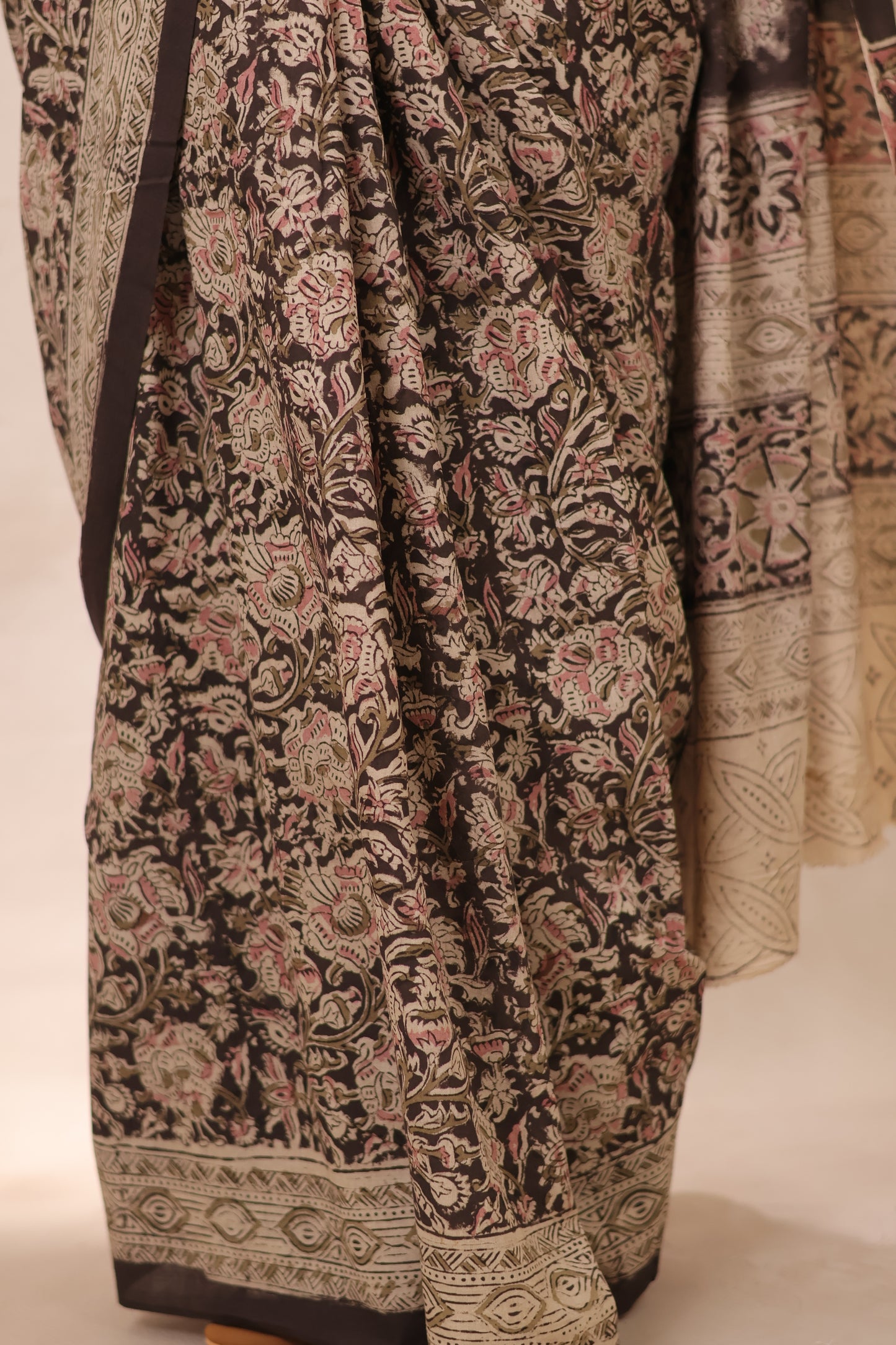 Black Hand Block Printed Kalamkari Cotton Saree | Looms & Tassels