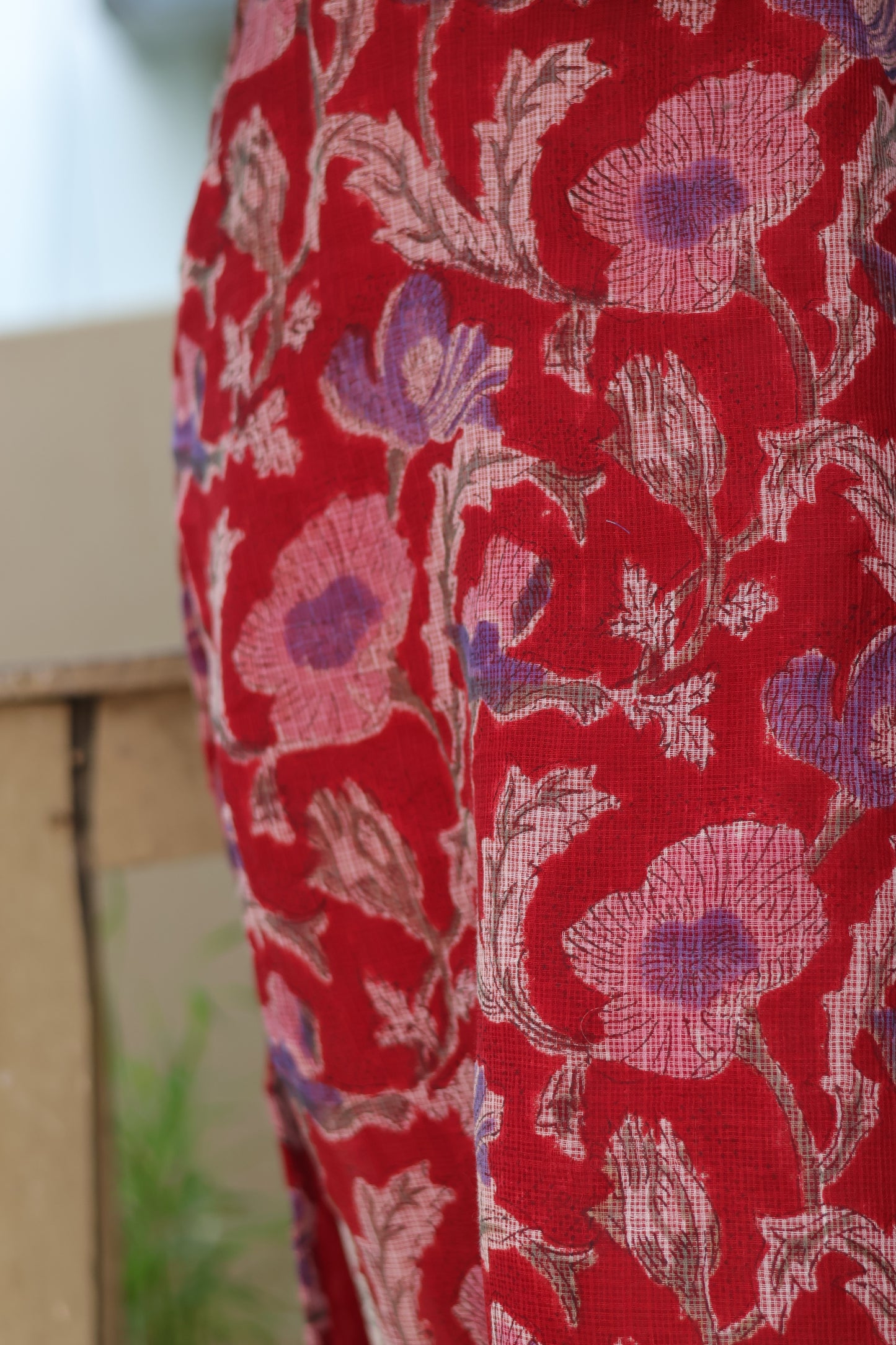 Red Handblock printed kota 3 piece suit (stitched)