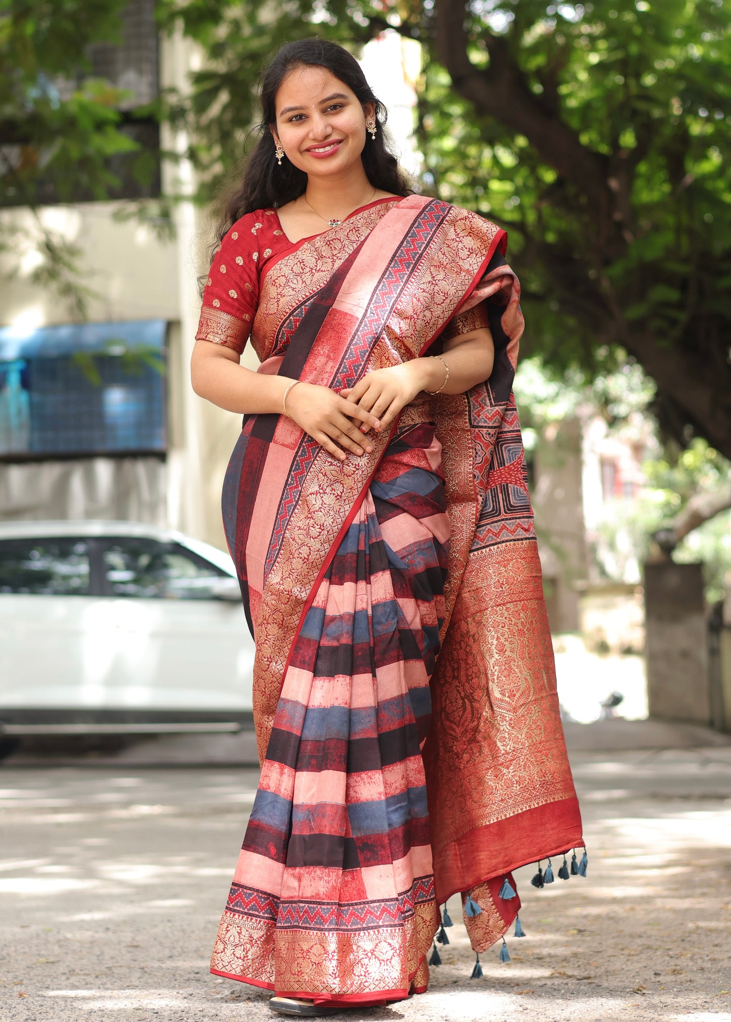 Stripes Contemporary Ajrakh Dola Silk Saree