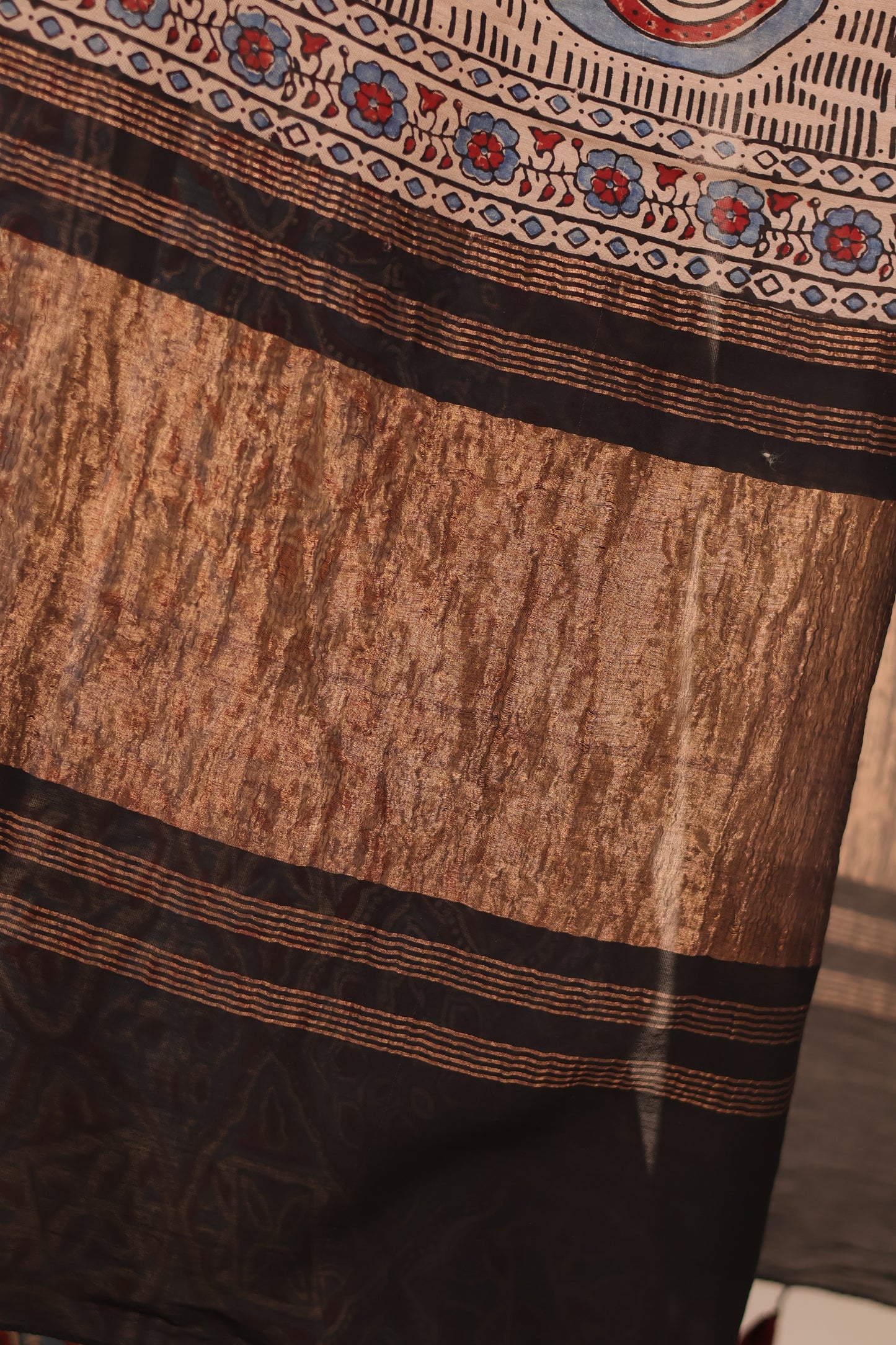 Maheswari Silk Cotton Ajrakh Handblock Printed Saree | Looms & Tassels
