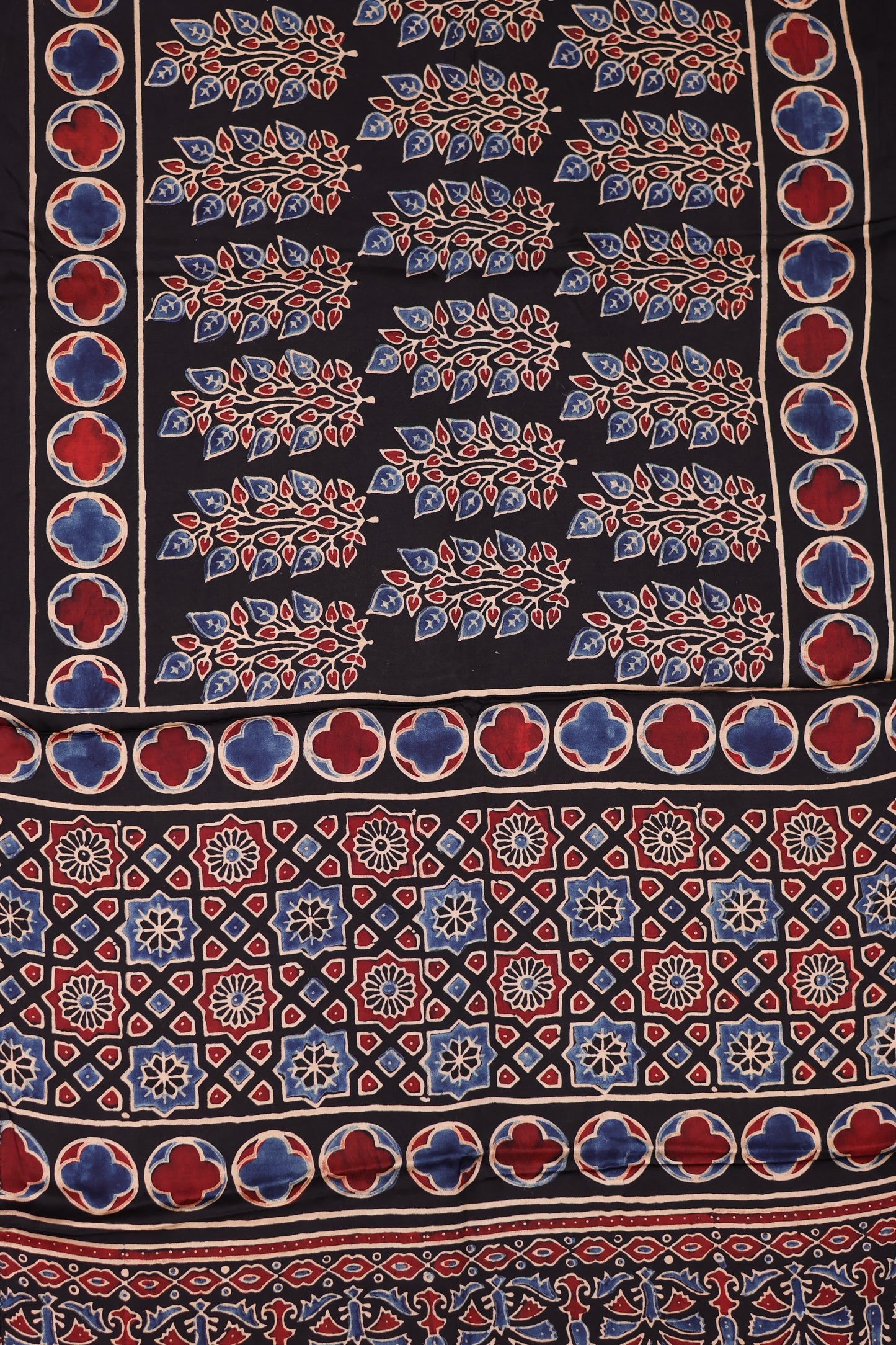 Black Ajrakh Hand Block Printed Modal Silk Stole | Looms & Tassels