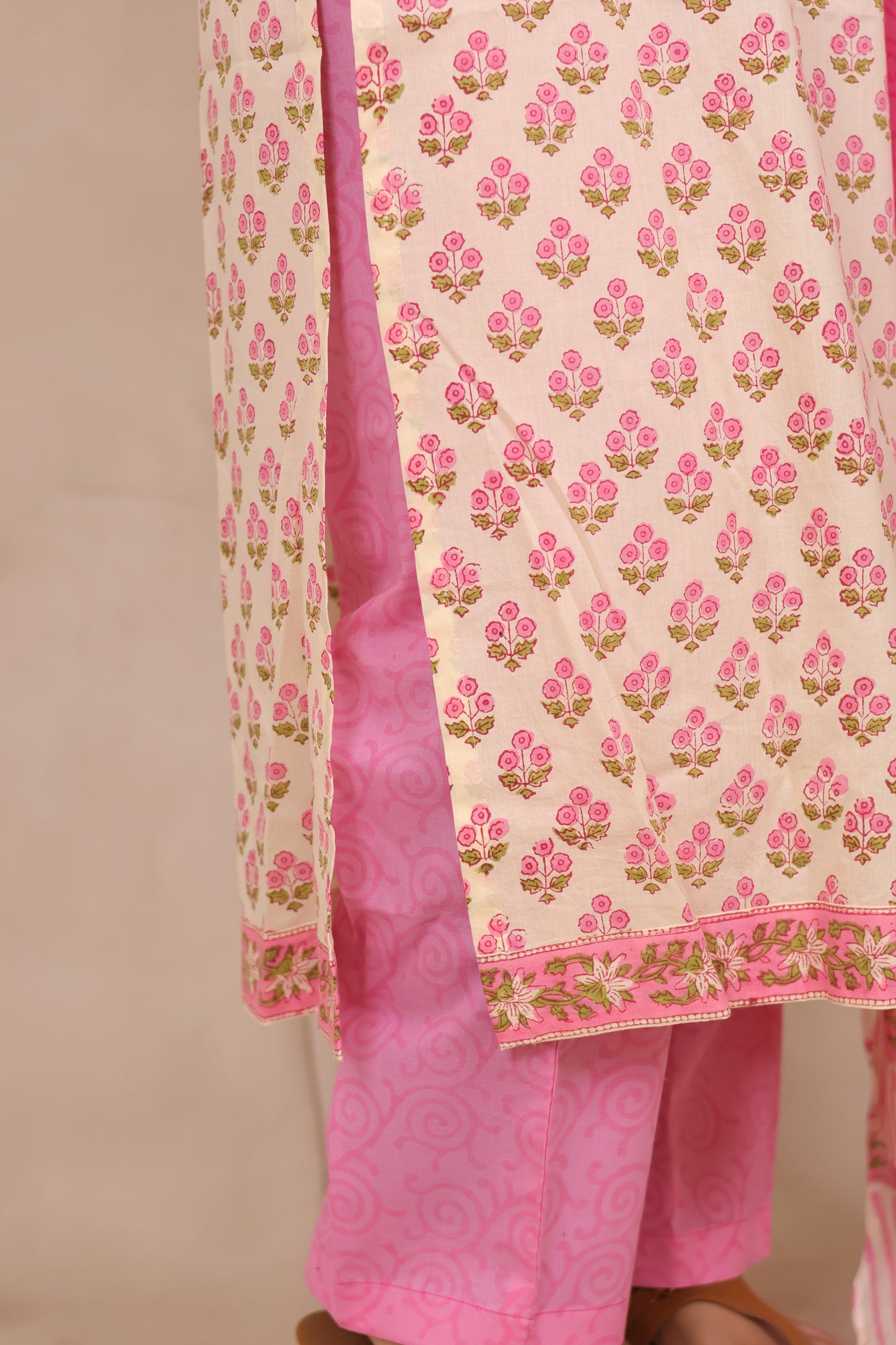 Off White & Pink Handblock printed Pure Mul Cotton with Kota Doria Duppata 3 piece suit (stitched)