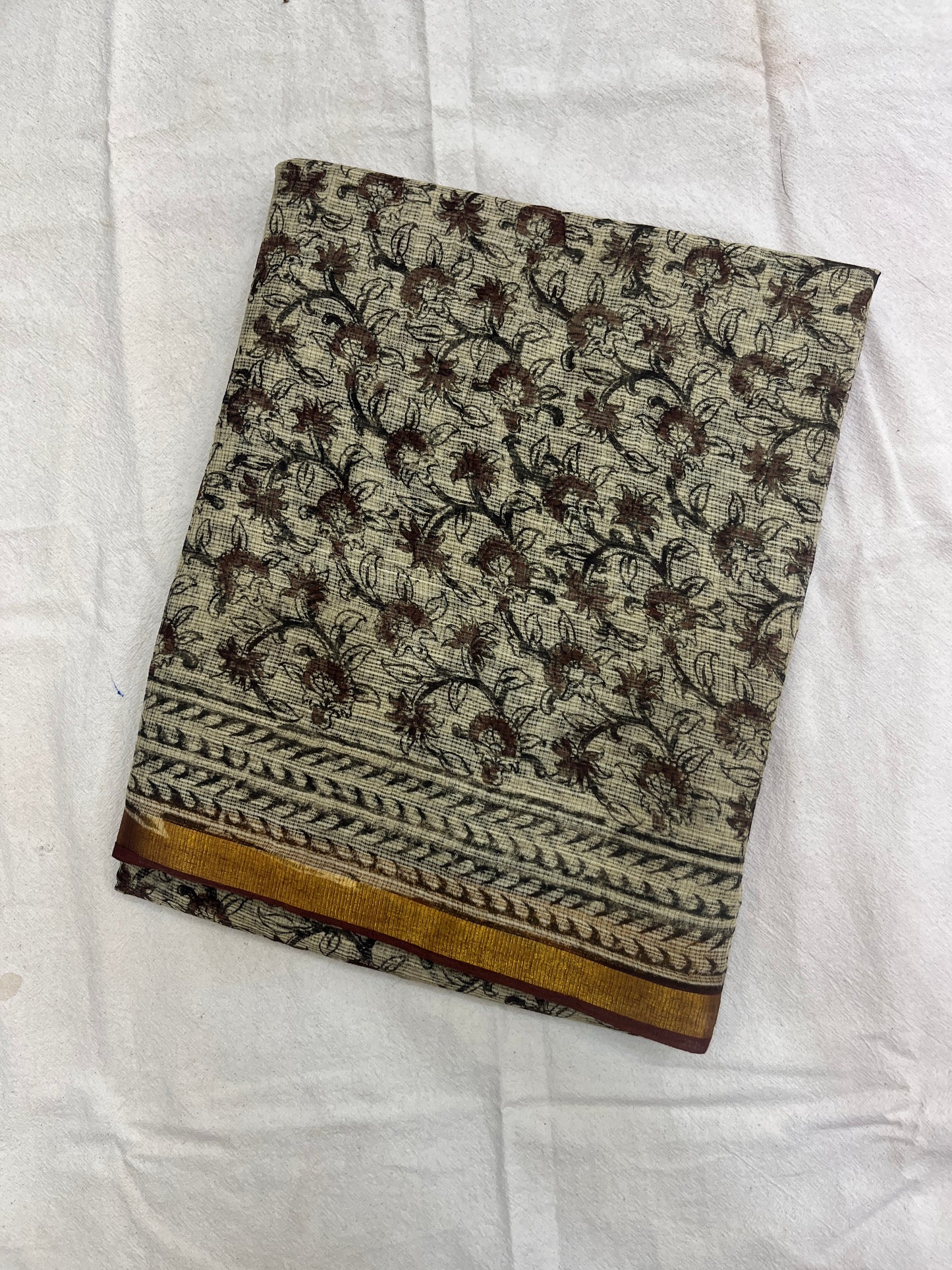 Cream Kalamkari Hand block printed Kota Doria Saree