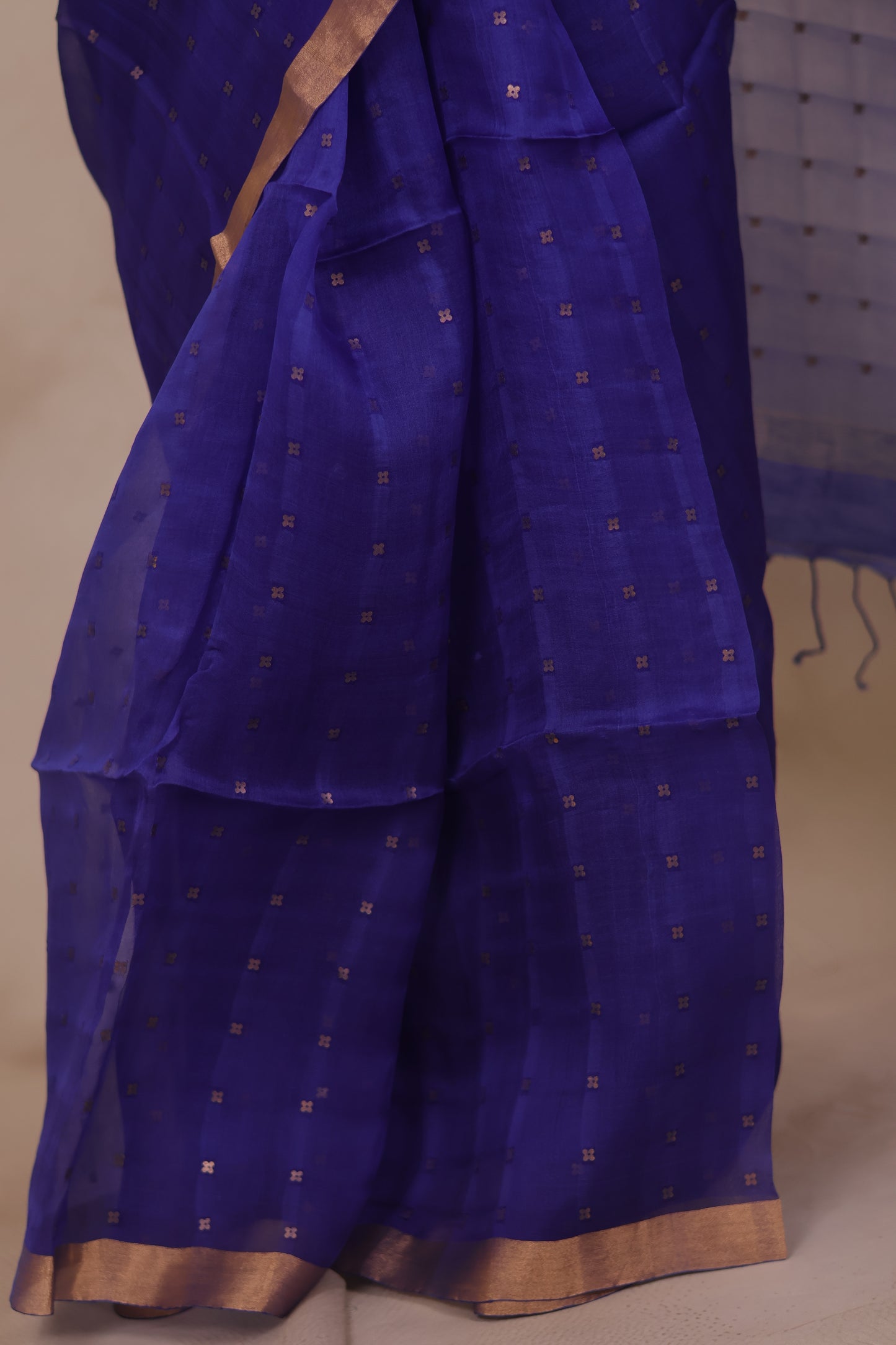 Blue Handwoven Muslin Silk Saree With Sequence Work | Looms & Tassels