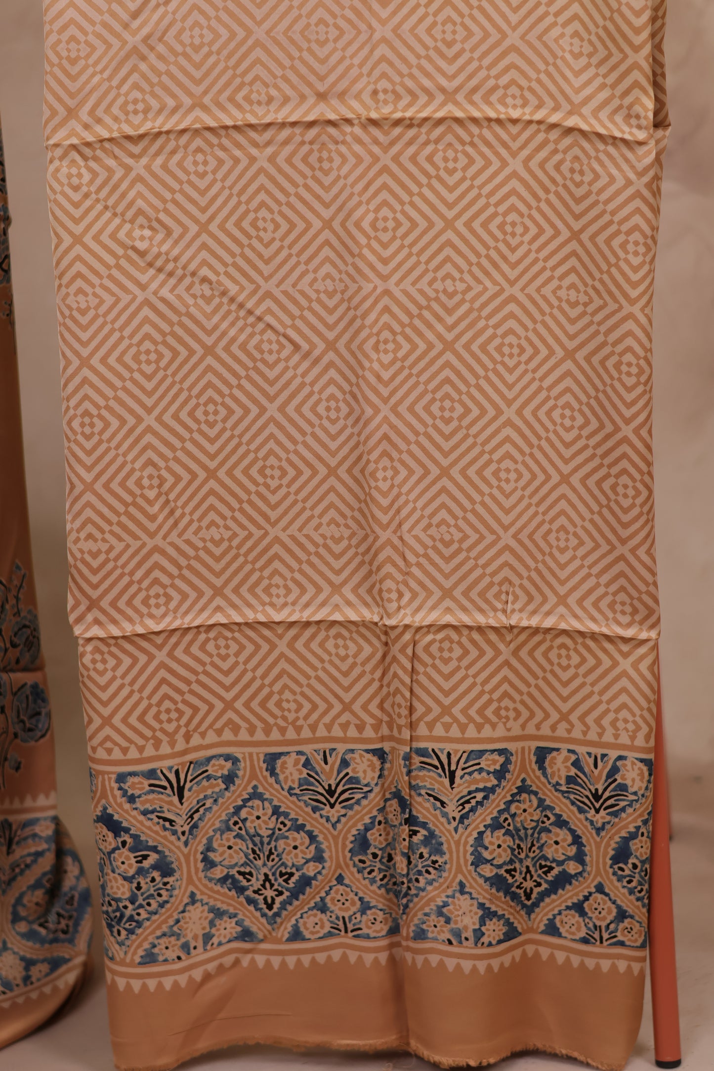 Cream Ajrakh Hand Block Printed Natural Dyed Modal Silk 2 Piece Suit Set | Looms & Tassels