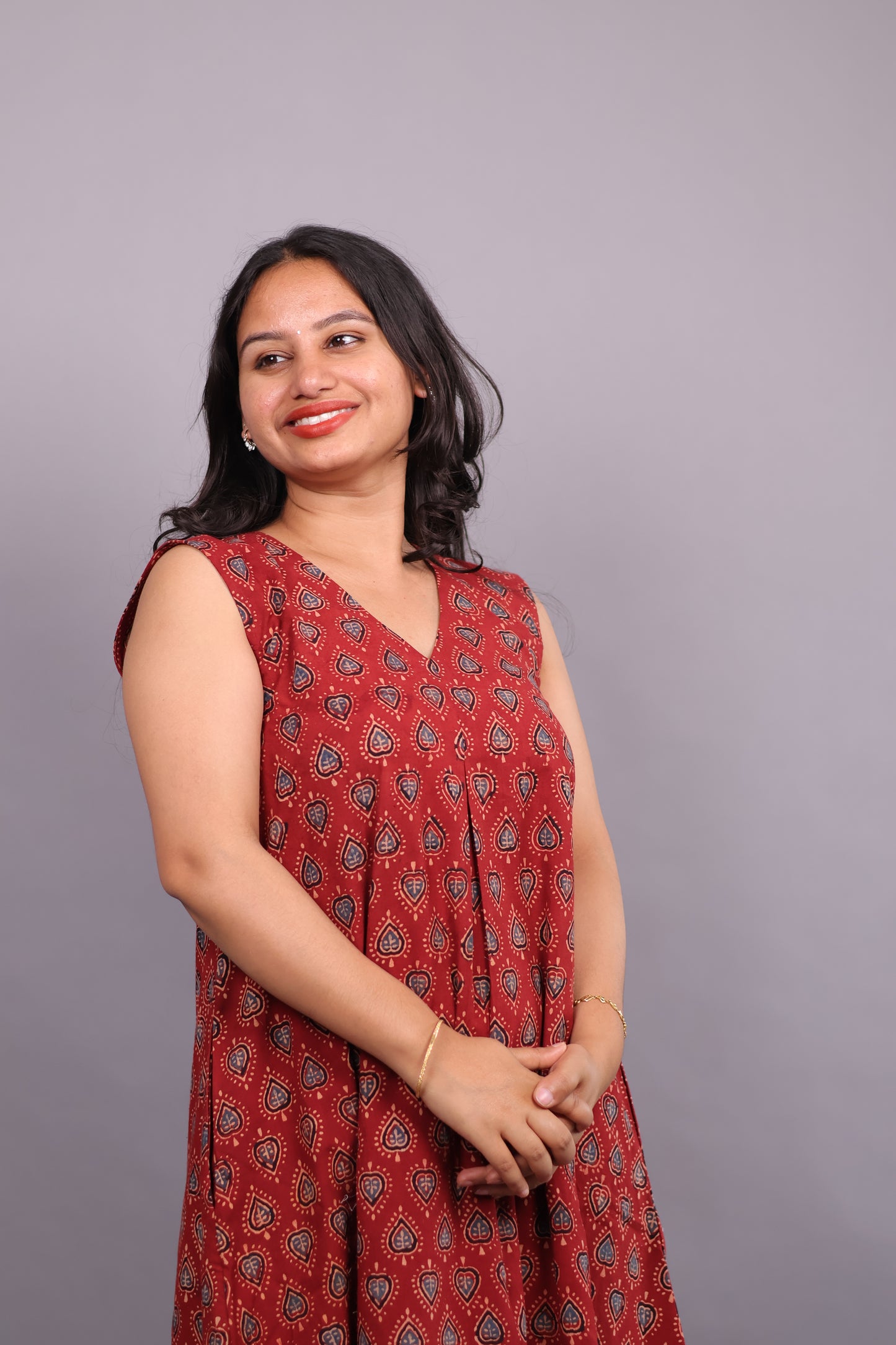 Red Ajrakh Handblock Printed A-Line Cotton Kurti – Elegant & Comfortable Ethnic Wear | Looms & Tassels