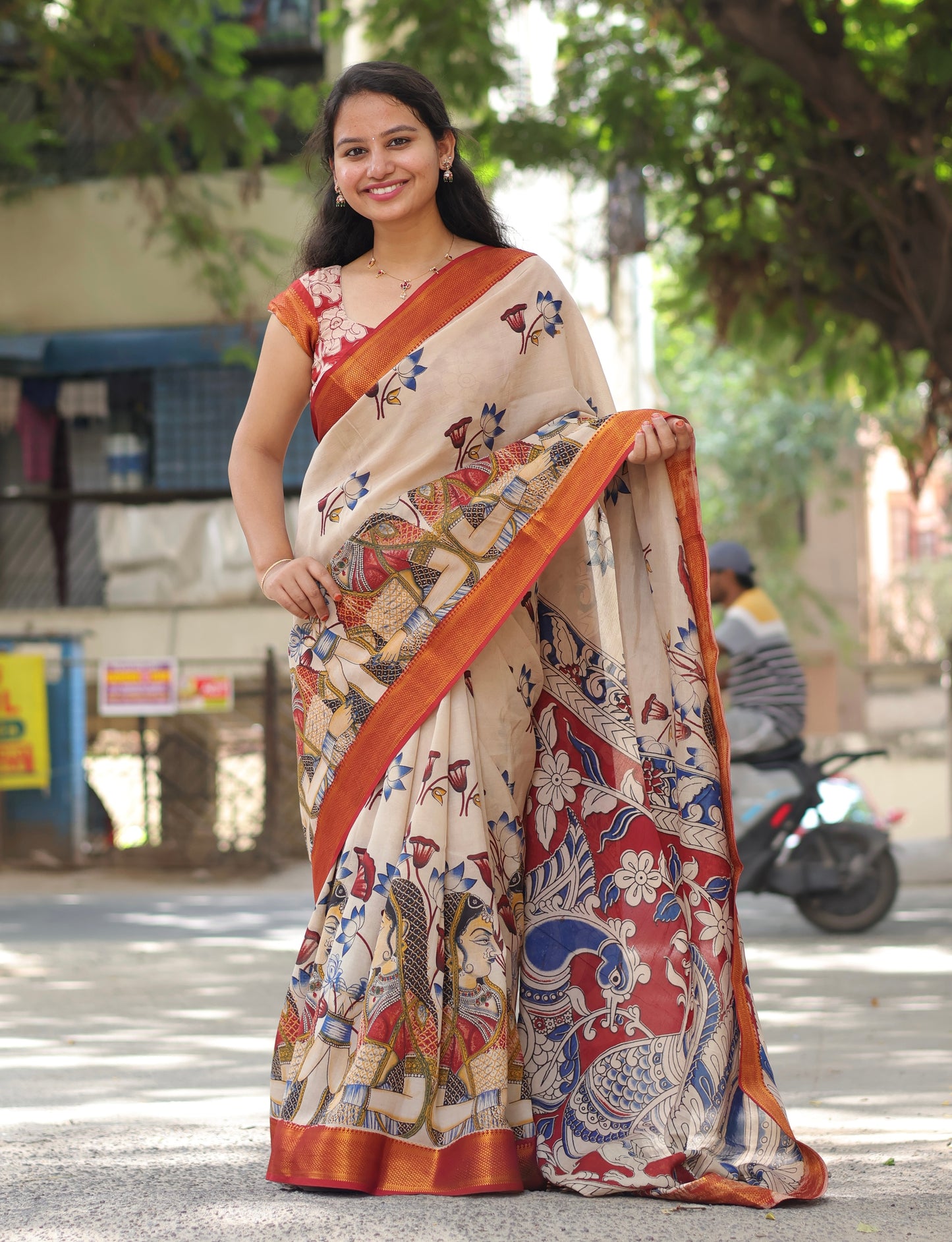 Cream Nizam Border Kalamkari Silk Saree