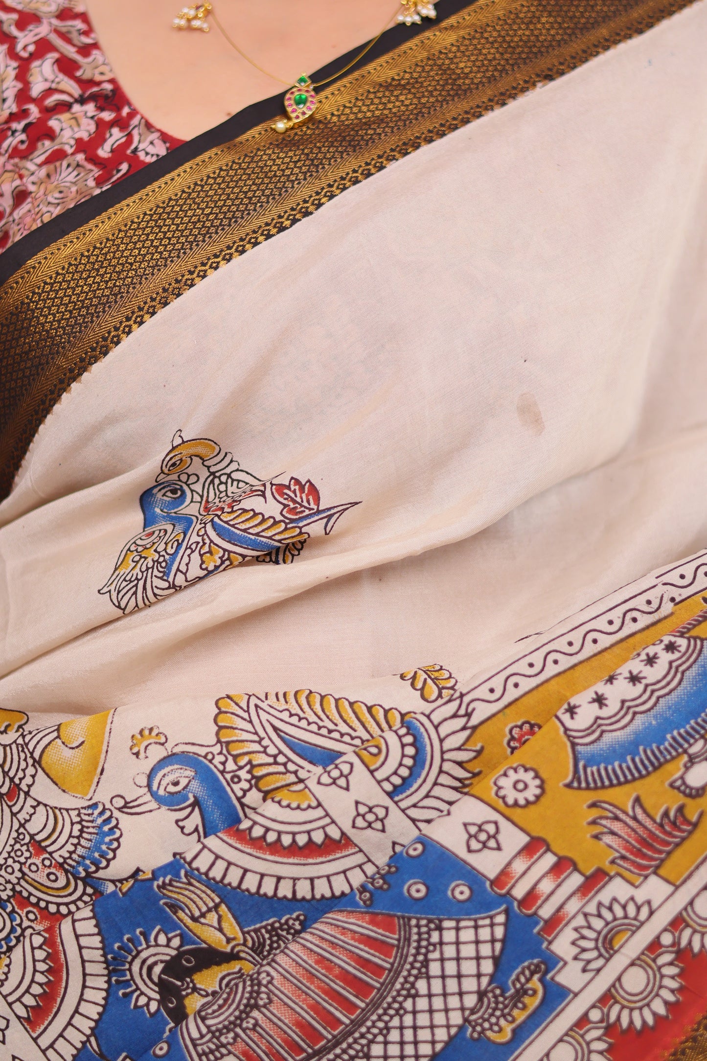 Cream Traditional Figures Kalamkari Silk Nizam Border Saree