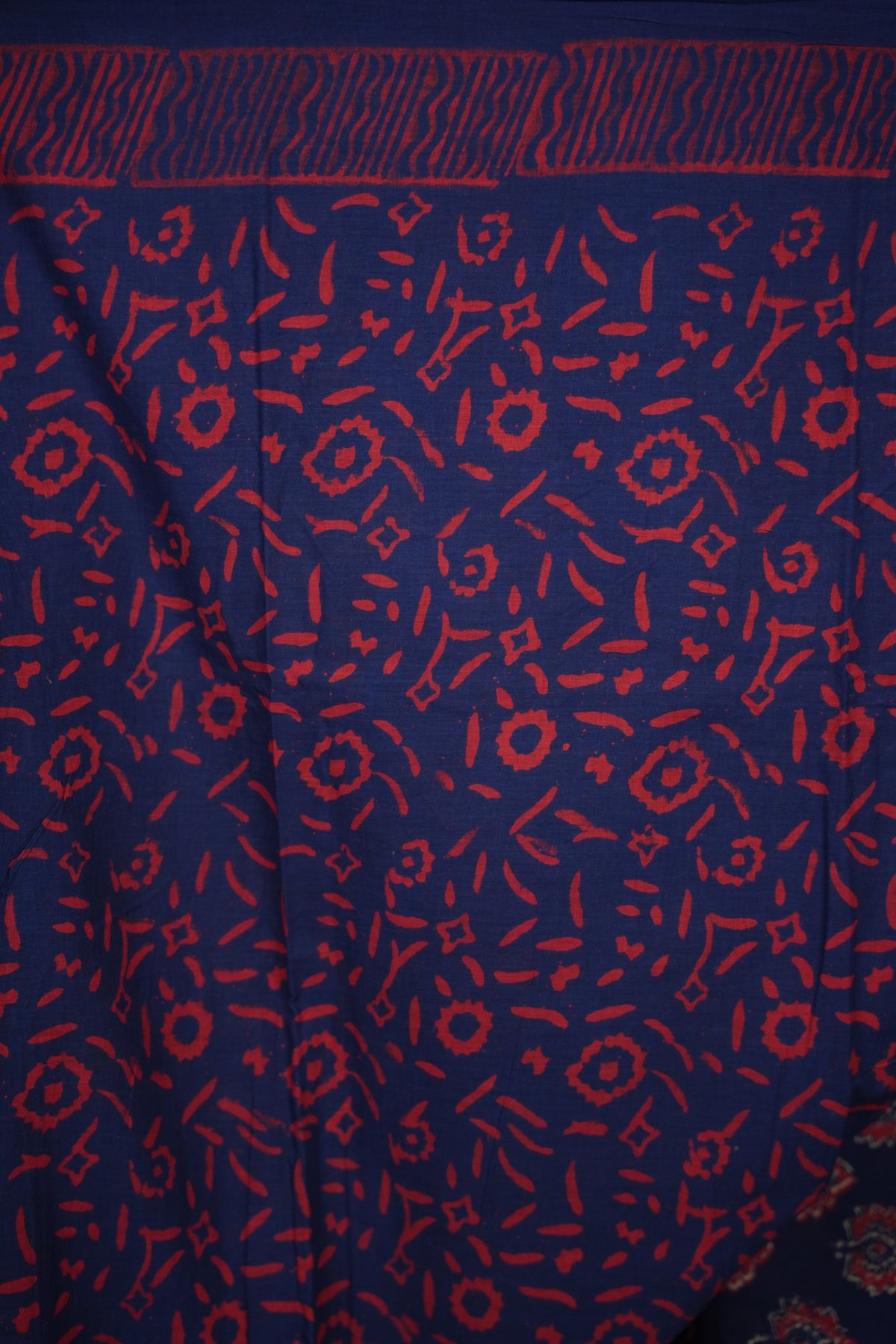 Dark Blue Bagru Handblock printed MulMul cotton saree | Looms & Tassels