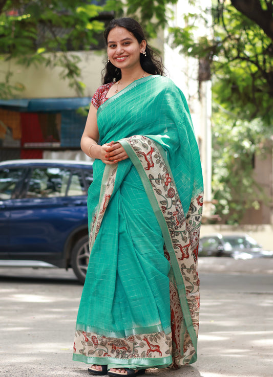 Sea Green Checks Kalamkari dyeing premium chennur silk saree