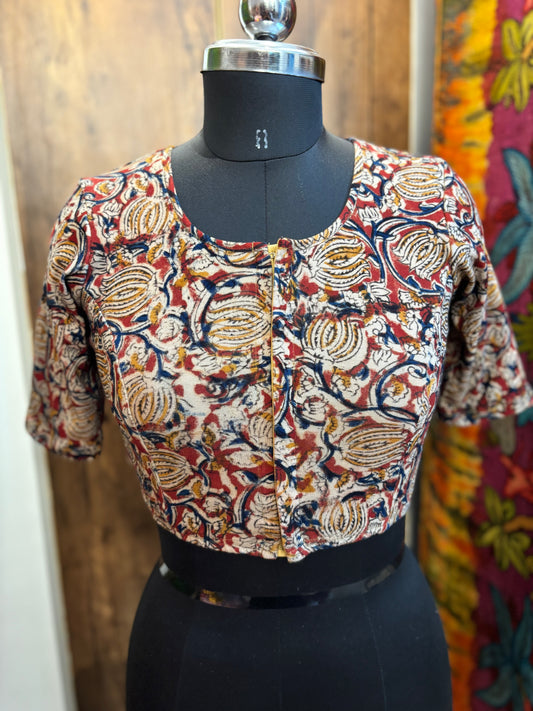 Round neck Stretchable Hand block printed kalamkari blouse with front hooks