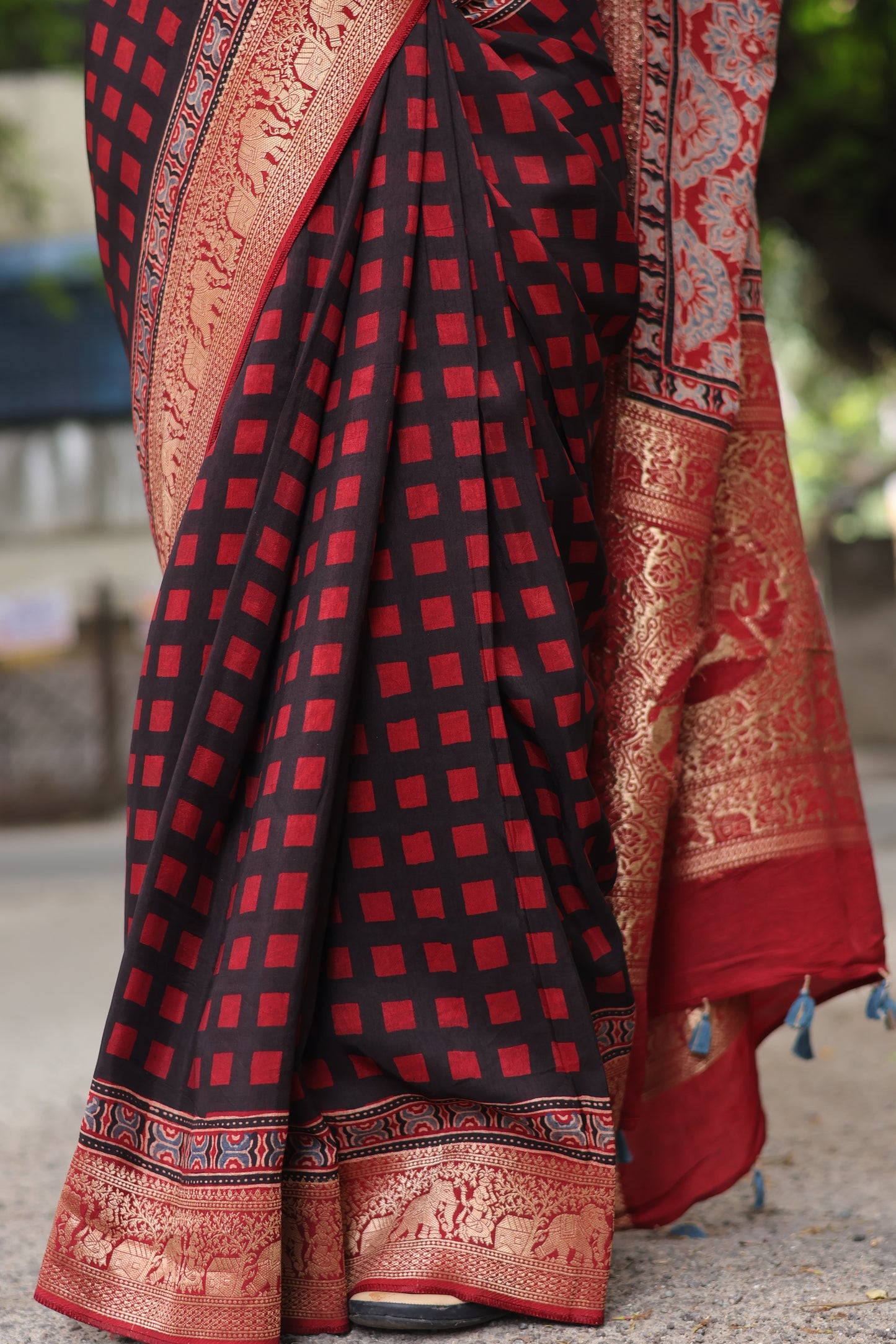 Checks Contemporary Ajrakh Dola Silk Saree