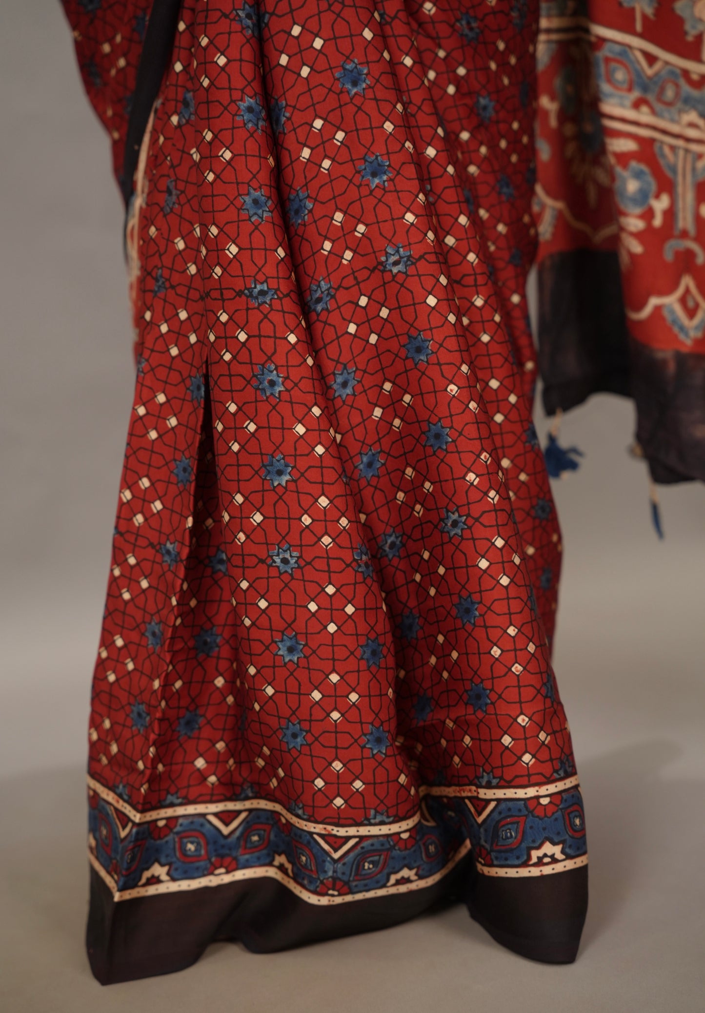 Maroon Authentic Ajrakh Handblock Printed Modal Silk Saree | Looms & Tassels