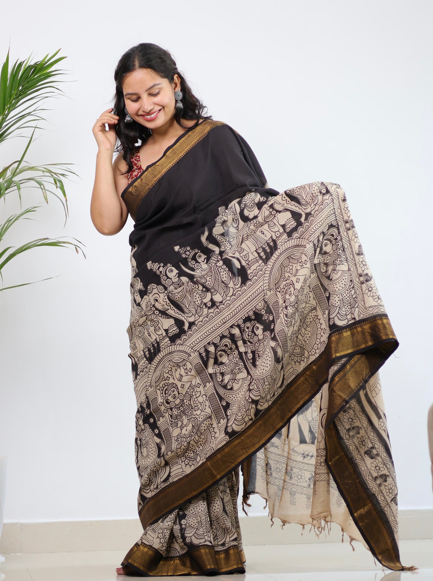 Black Nizam Border Kalamkari Silk Saree