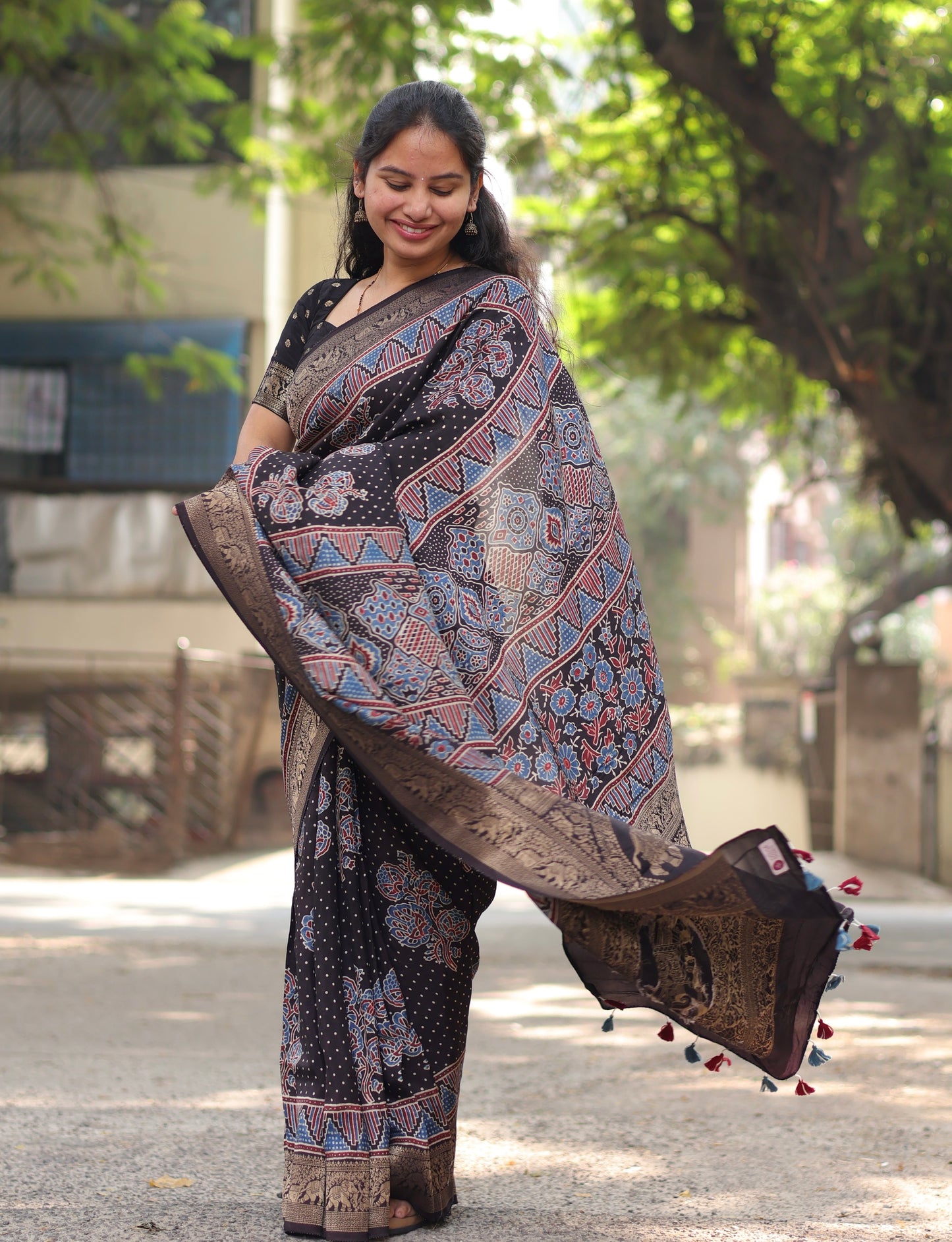 Ajrakh Dola Silk Saree