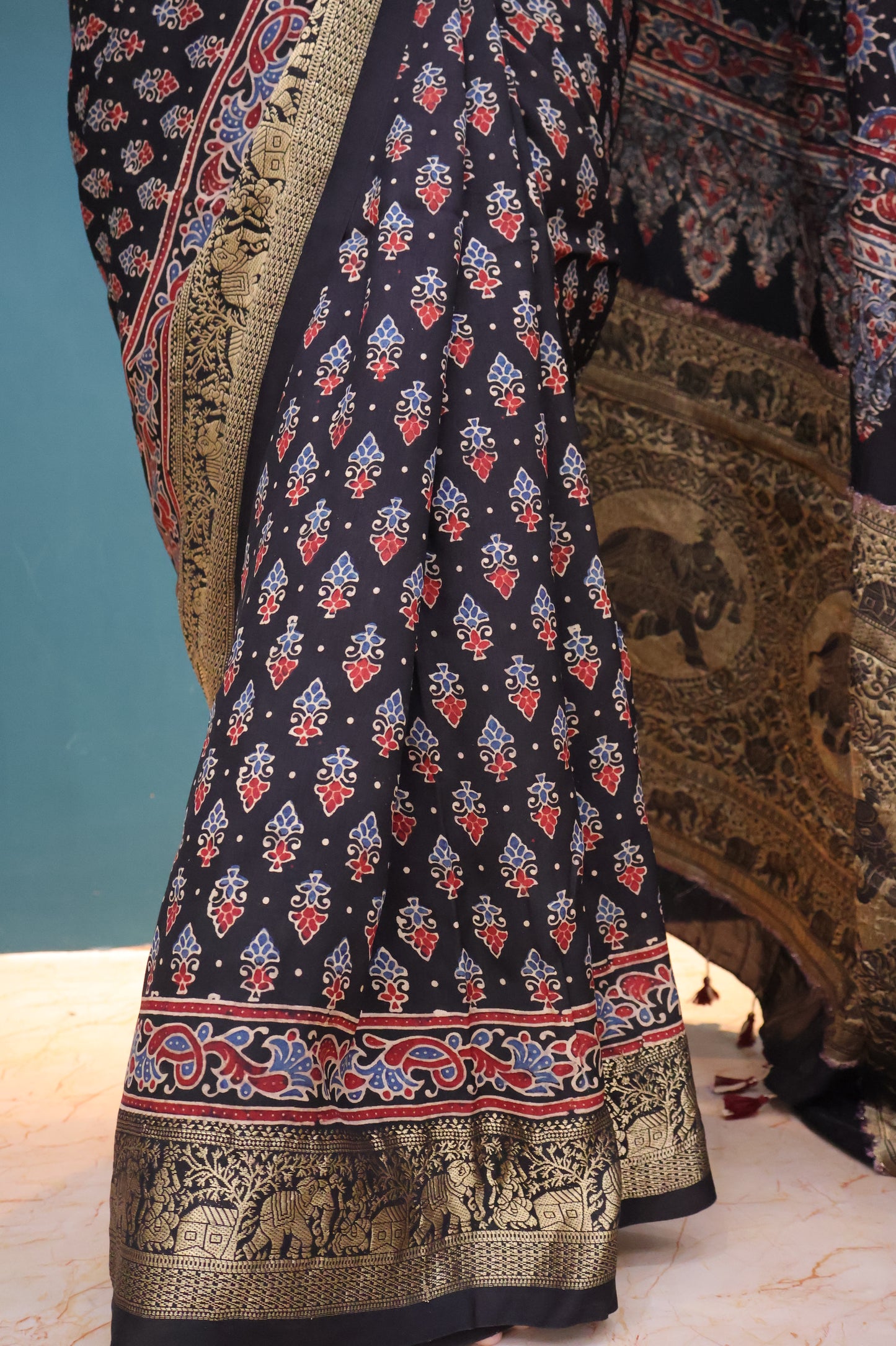 Black Ajrakh Dola Silk Saree